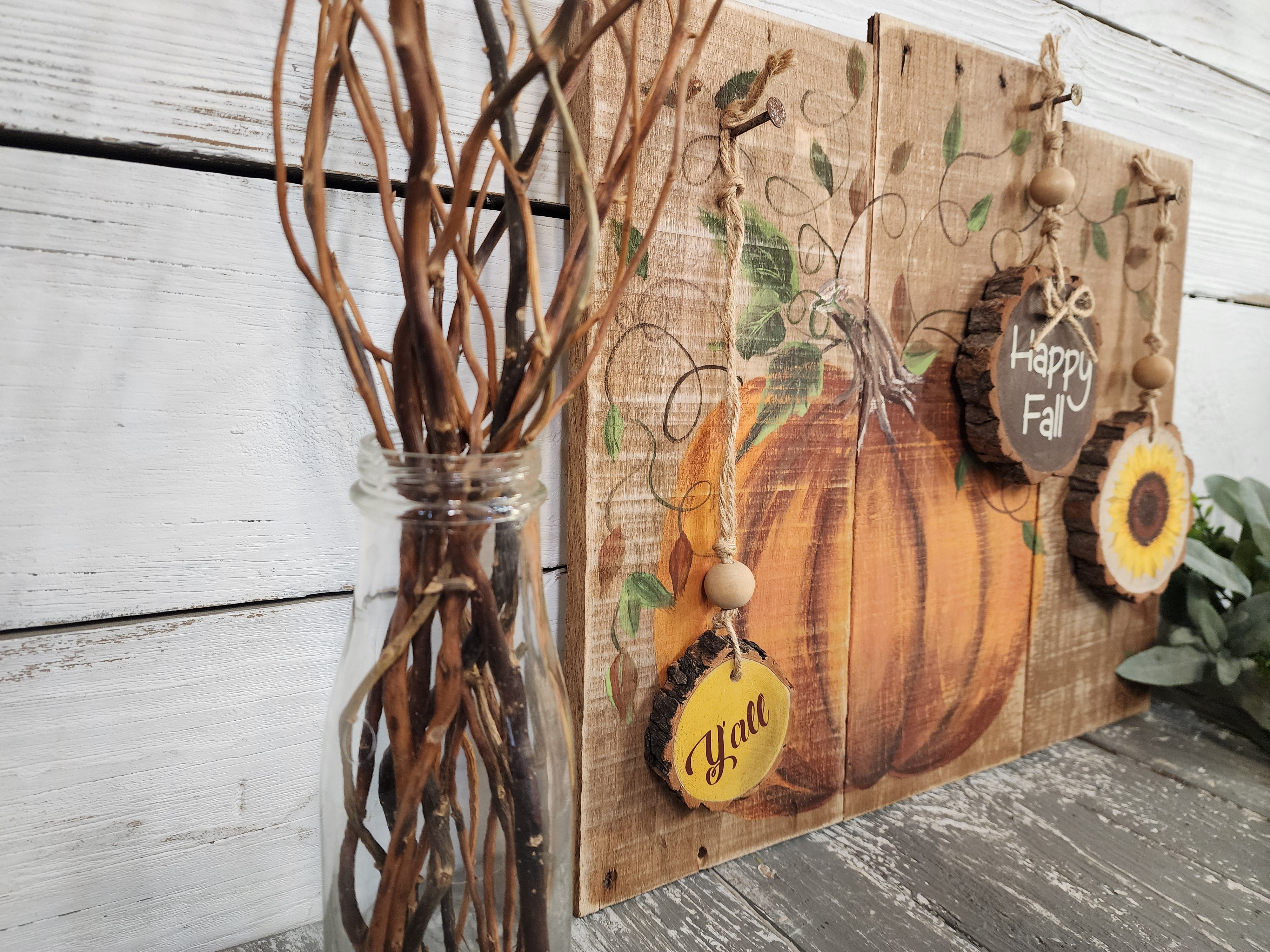 Autumn hand painted pumpkin with wood slice ornaments, Happy Fall y'all and acrylic painted sunflower, wall art from pallet recycled wood