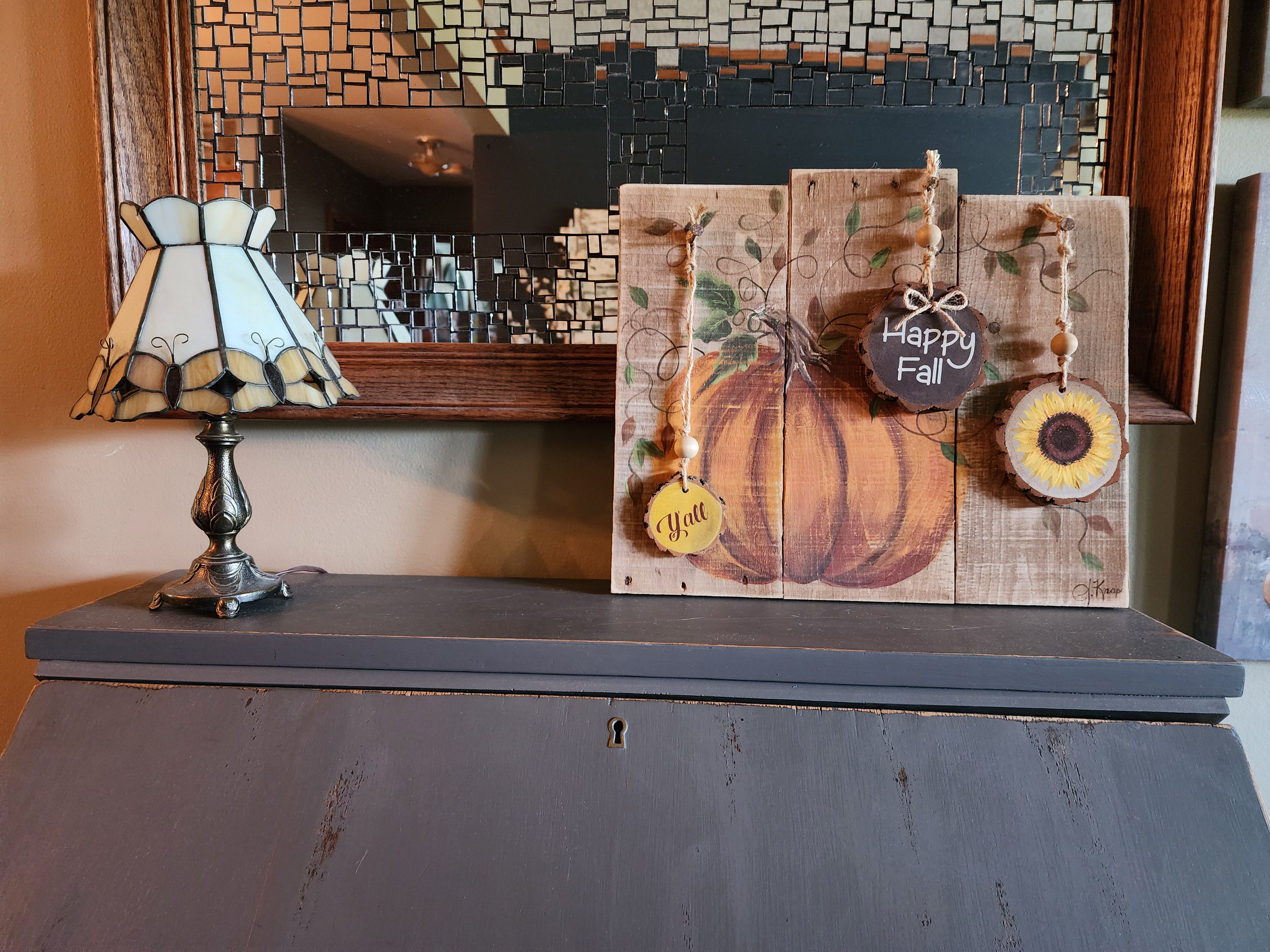 Autumn hand painted pumpkin with wood slice ornaments, Happy Fall y'all and acrylic painted sunflower, wall art from pallet recycled wood