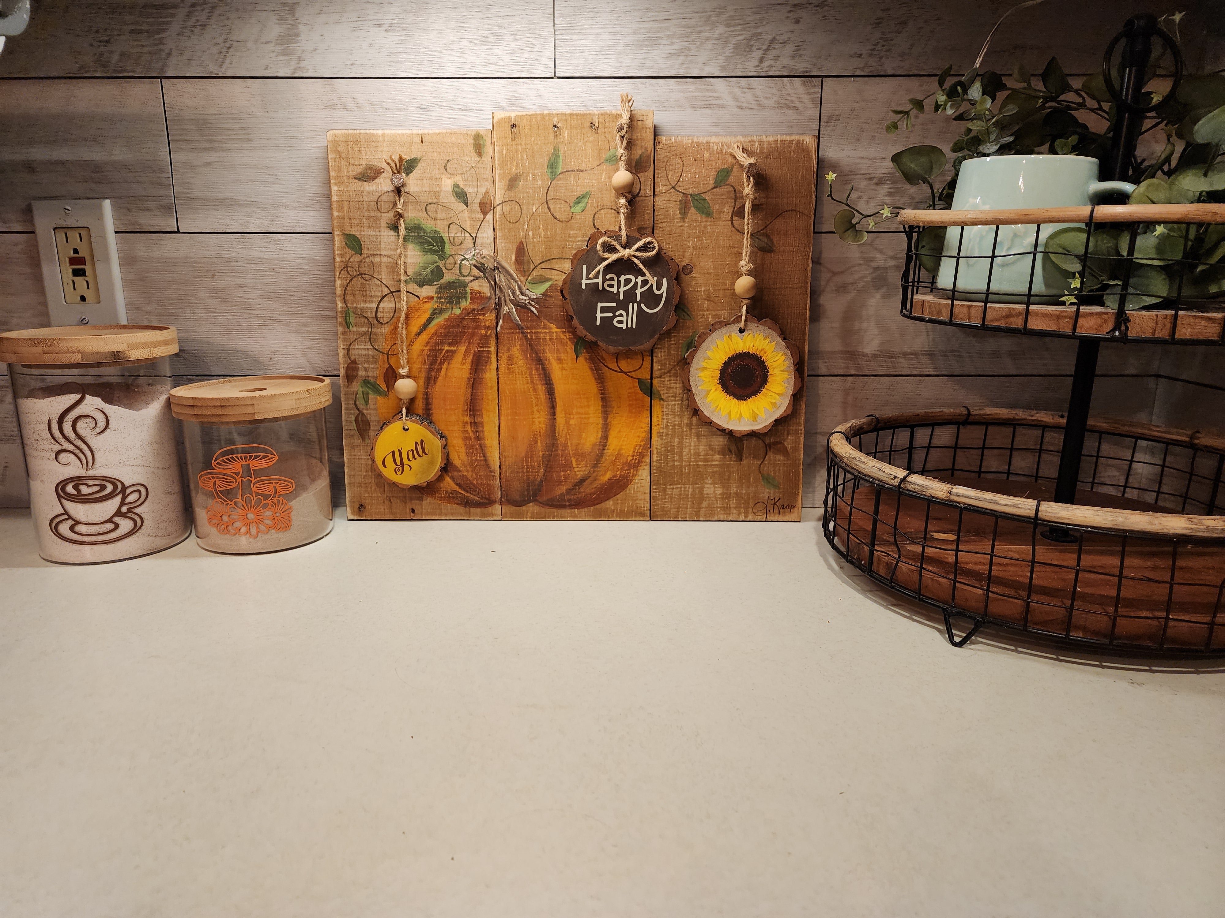 Autumn hand painted pumpkin with wood slice ornaments, Happy Fall y'all and acrylic painted sunflower, wall art from pallet recycled wood