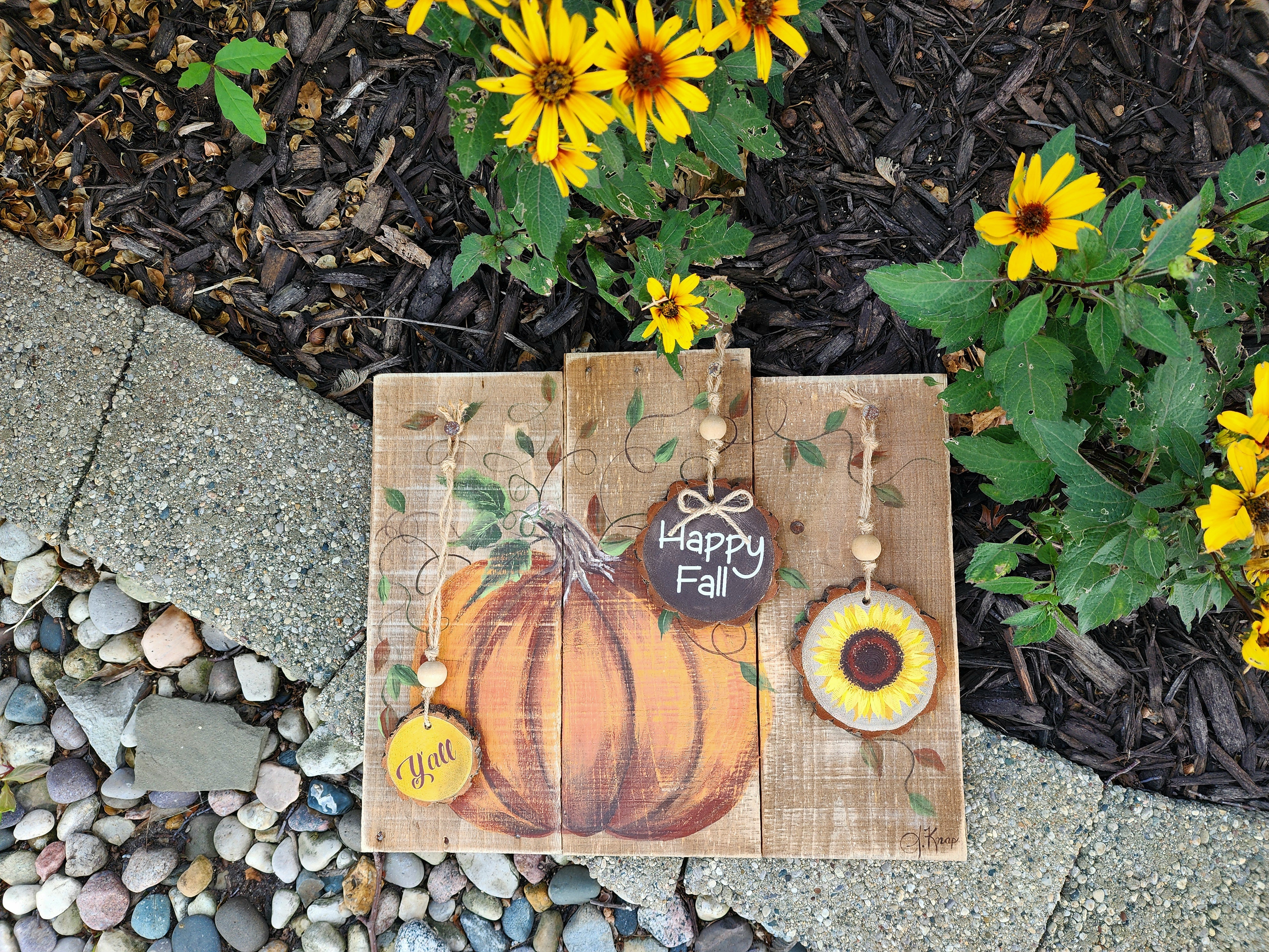 Autumn hand painted pumpkin with wood slice ornaments, Happy Fall y'all and acrylic painted sunflower, wall art from pallet recycled wood