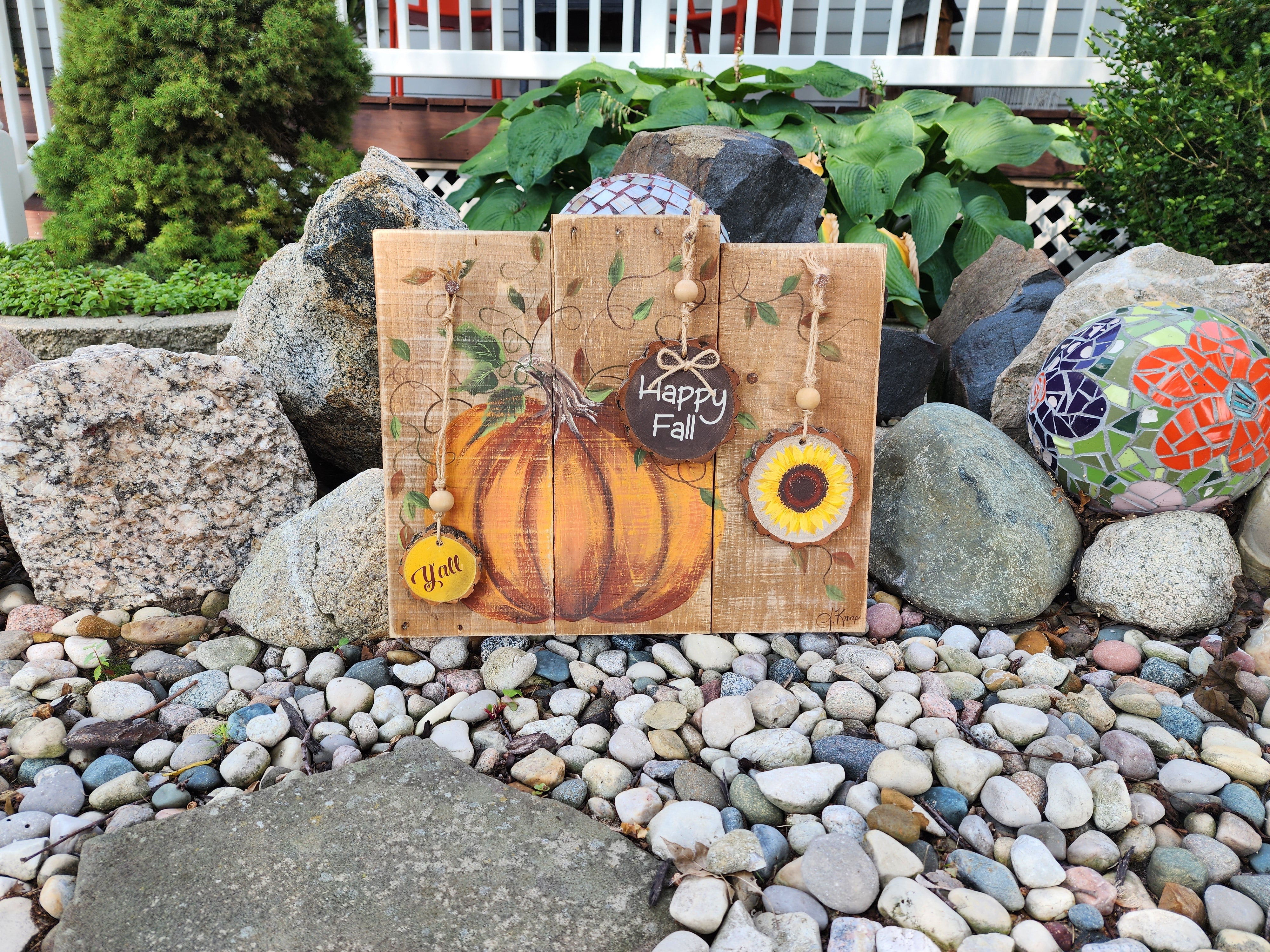 Autumn hand painted pumpkin with wood slice ornaments, Happy Fall y'all and acrylic painted sunflower, wall art from pallet recycled wood