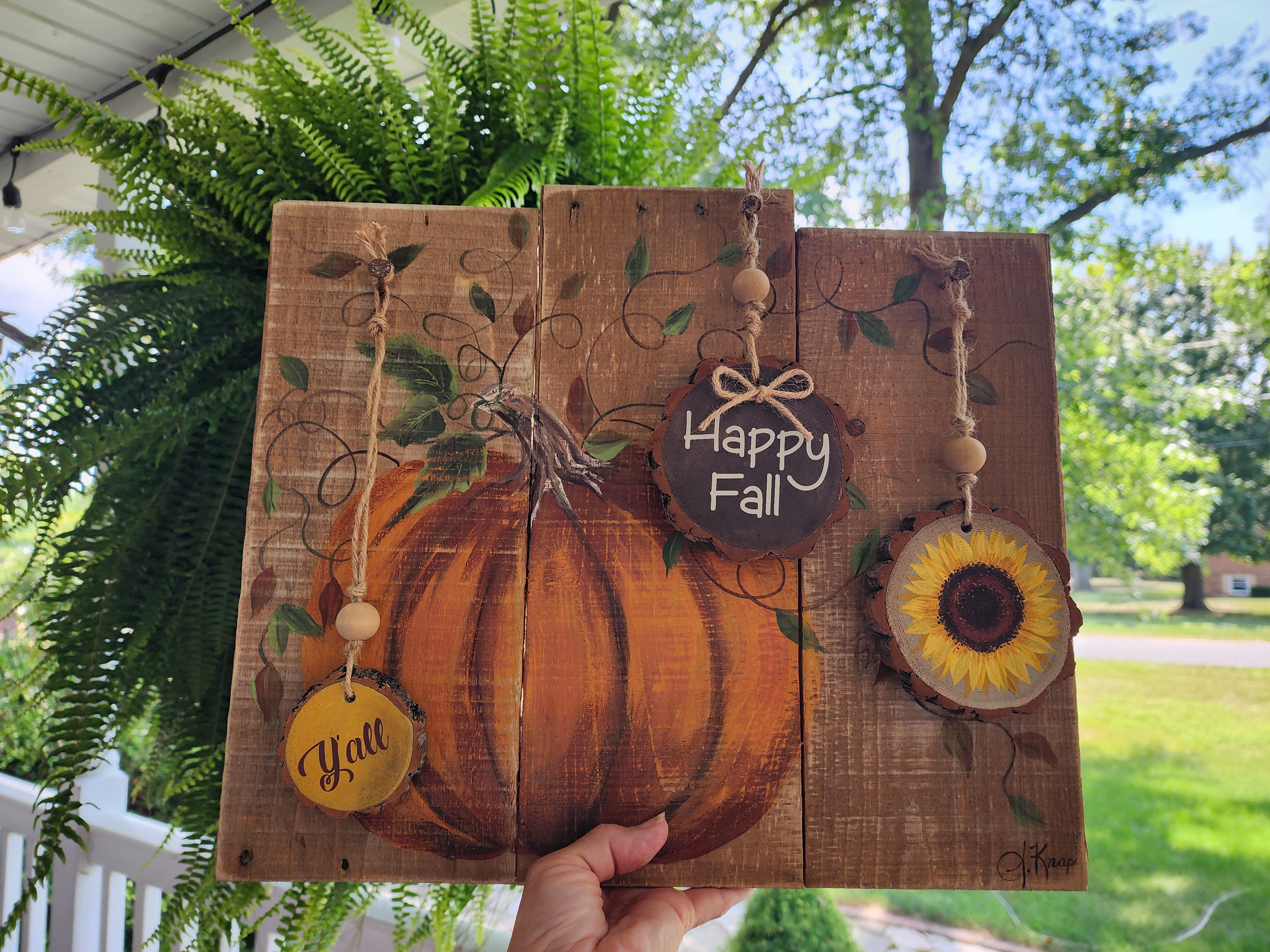 Autumn hand painted pumpkin with wood slice ornaments, Happy Fall y'all and acrylic painted sunflower, wall art from pallet recycled wood