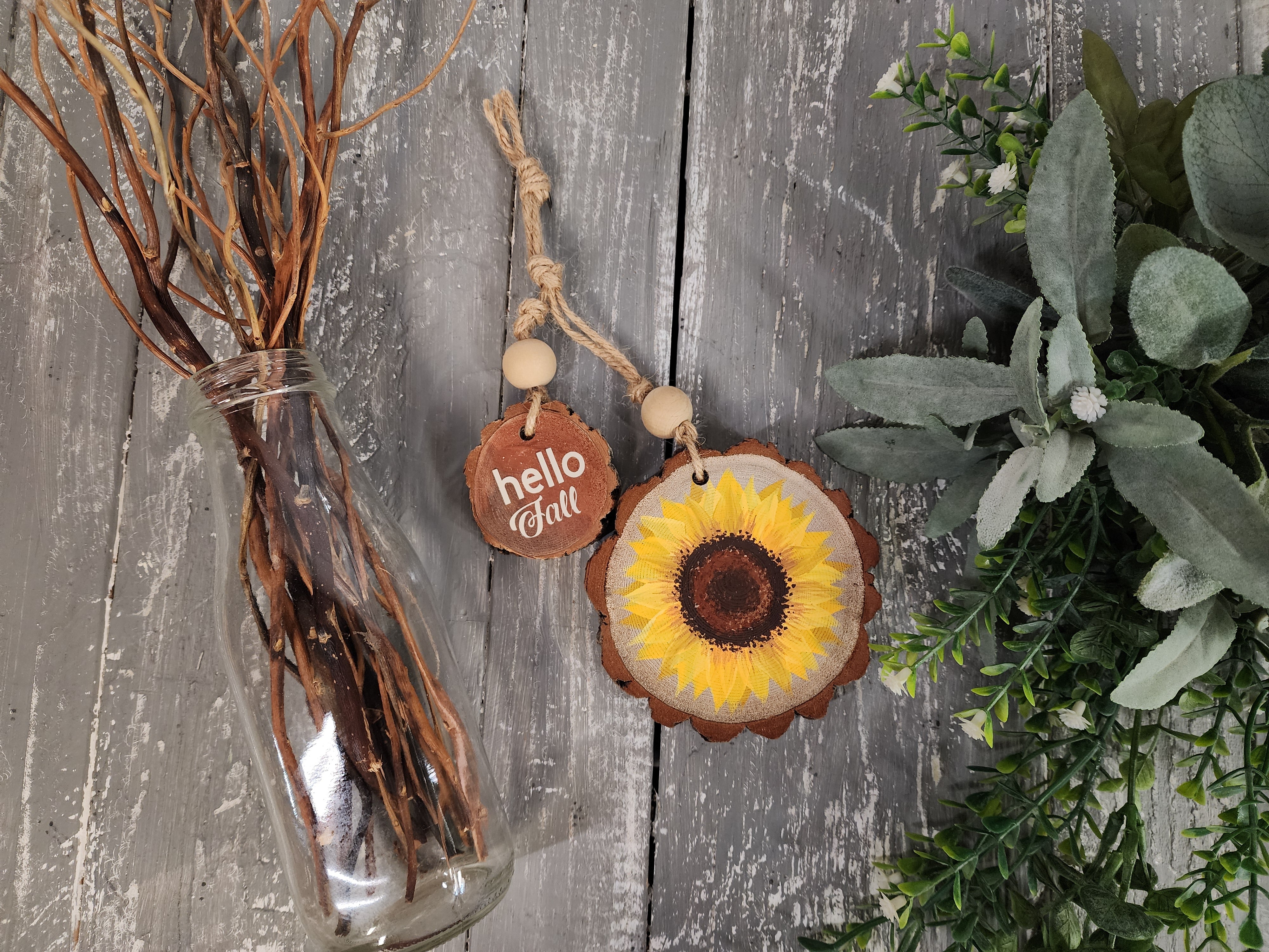 Fall pumpkin spice sweatshirt, cozy hand made embroidery crew, wood slice sunflower ornament, Autumn colors crochet bucket hat, gift set