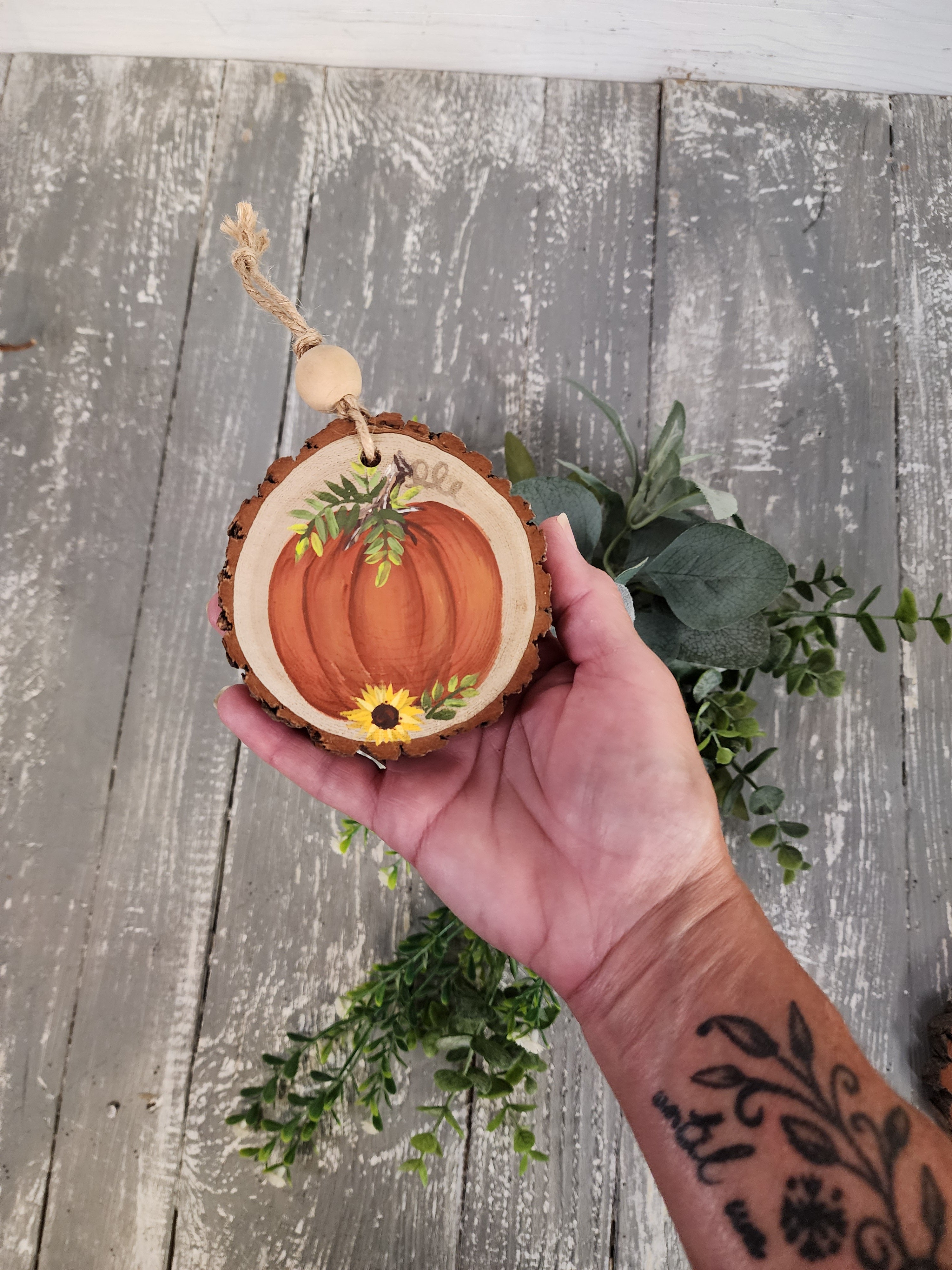Fall Pumpkin hand painted acrylic Wood slice decorative ornament with a sunflower, boho Autumn farmhouse decor, perfect gift, fall wreath