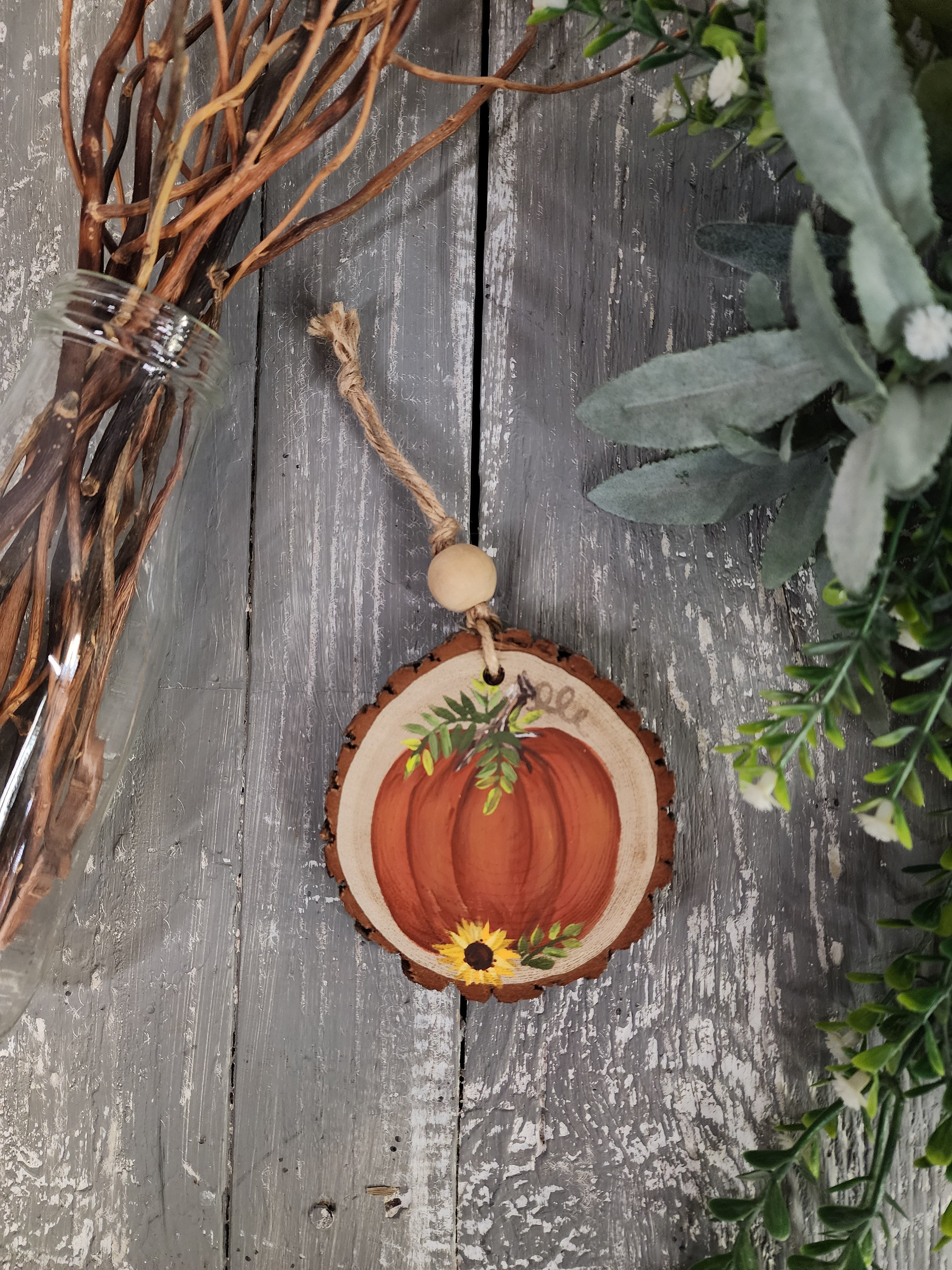 Fall Pumpkin hand painted acrylic Wood slice decorative ornament with a sunflower, boho Autumn farmhouse decor, perfect gift, fall wreath