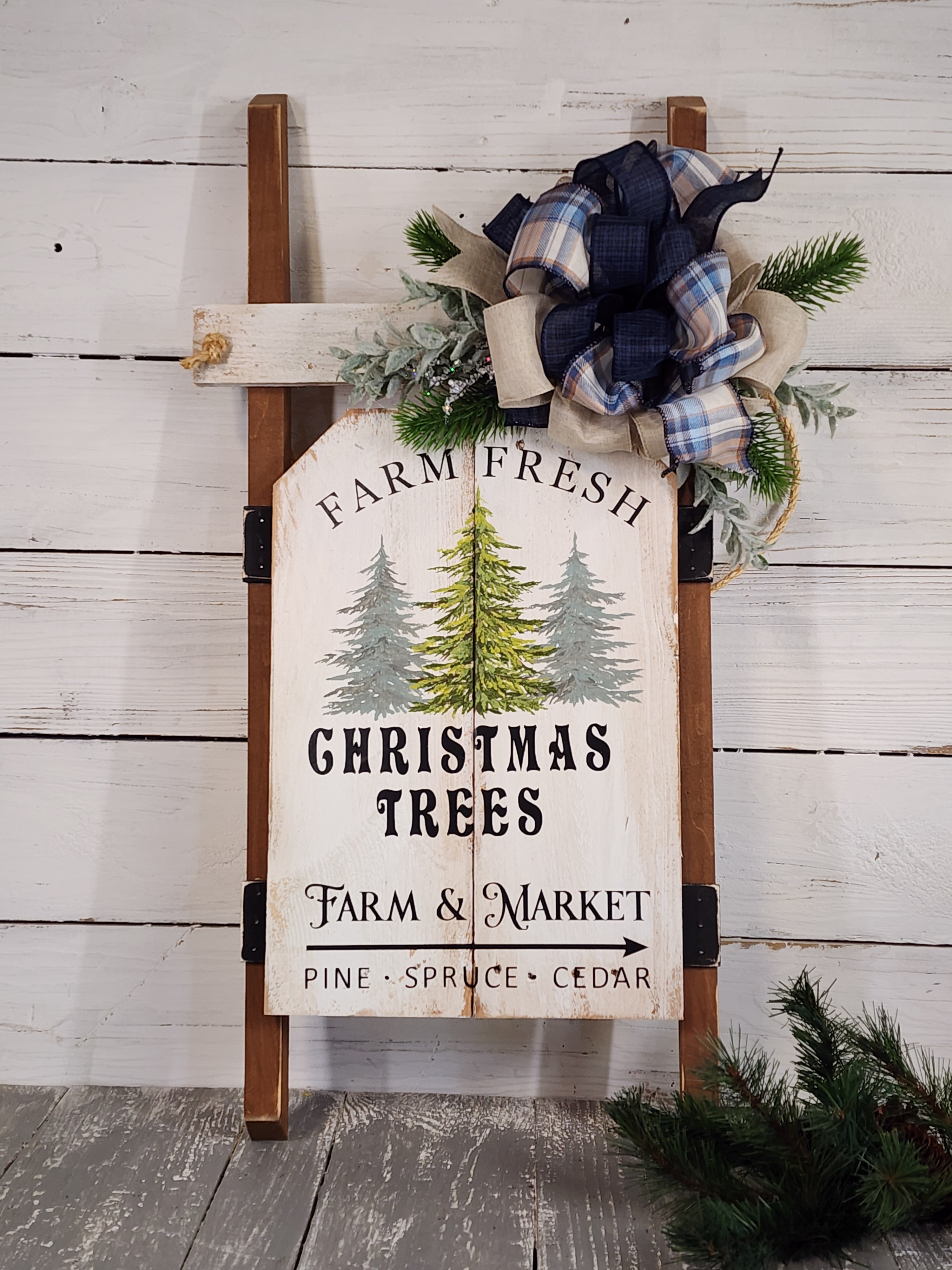 Christmas handmade vintage sled with blue accents, Holiday porch decor, recycled wood hand painted pine Christmas trees, Farm fresh trees for sale sign (Copy)