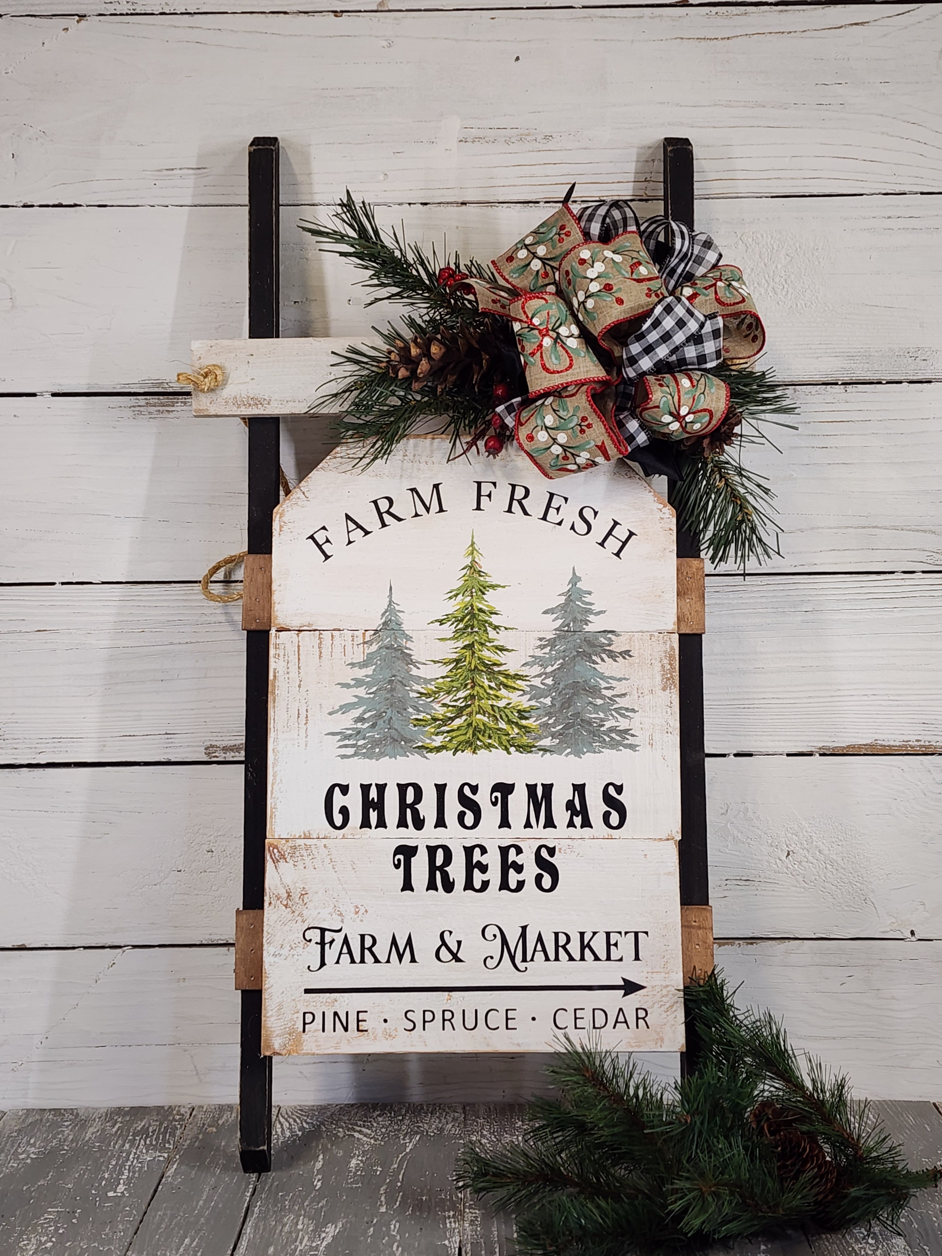 Christmas handmade vintage sled with black accents, Holiday porch decor, recycled wood hand painted pine Christmas trees, Farm fresh trees for sale sign (Copy)