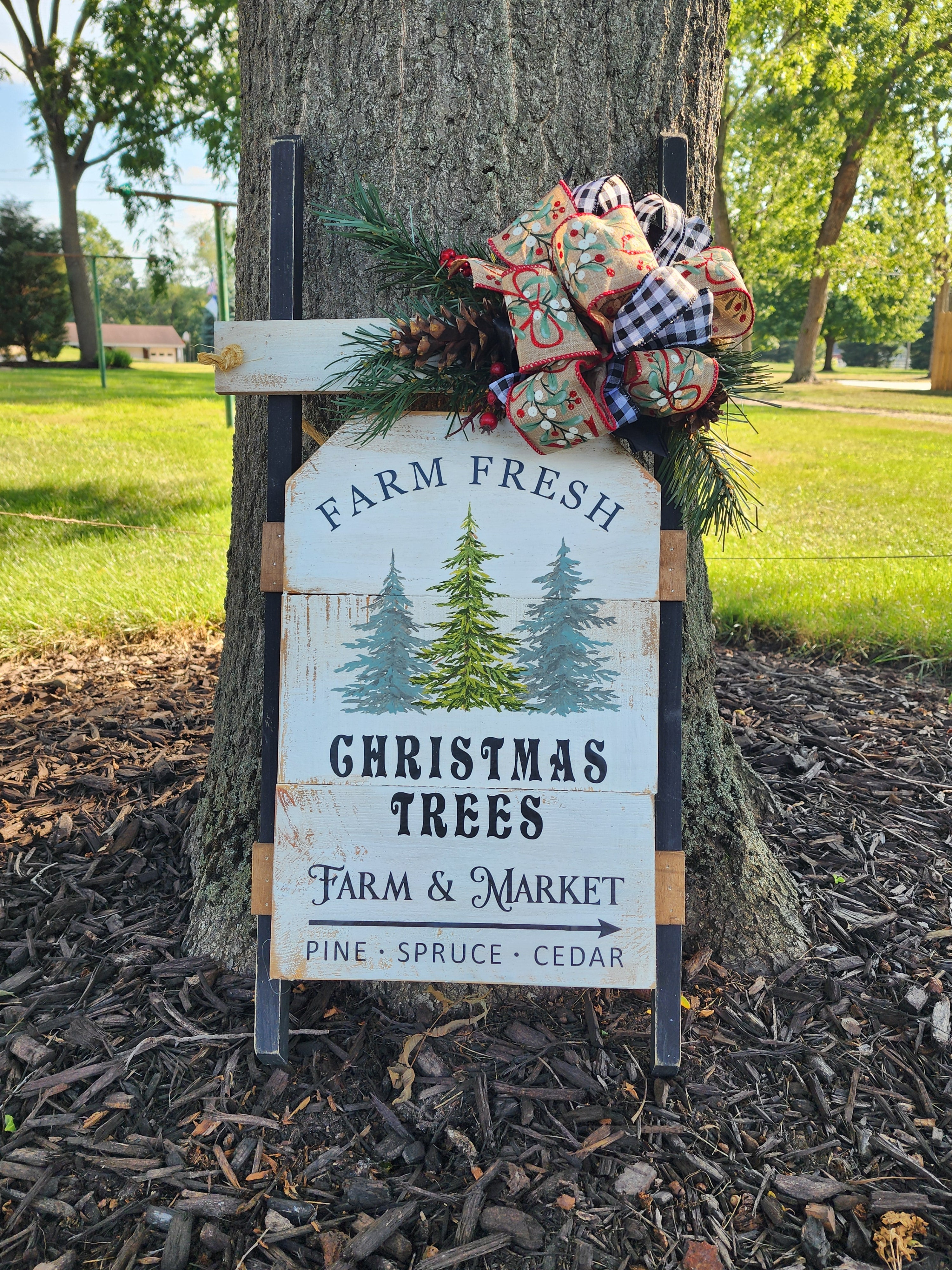 Christmas handmade vintage sled with black accents, Holiday porch decor, recycled wood hand painted pine Christmas trees, Farm fresh trees for sale sign (Copy)
