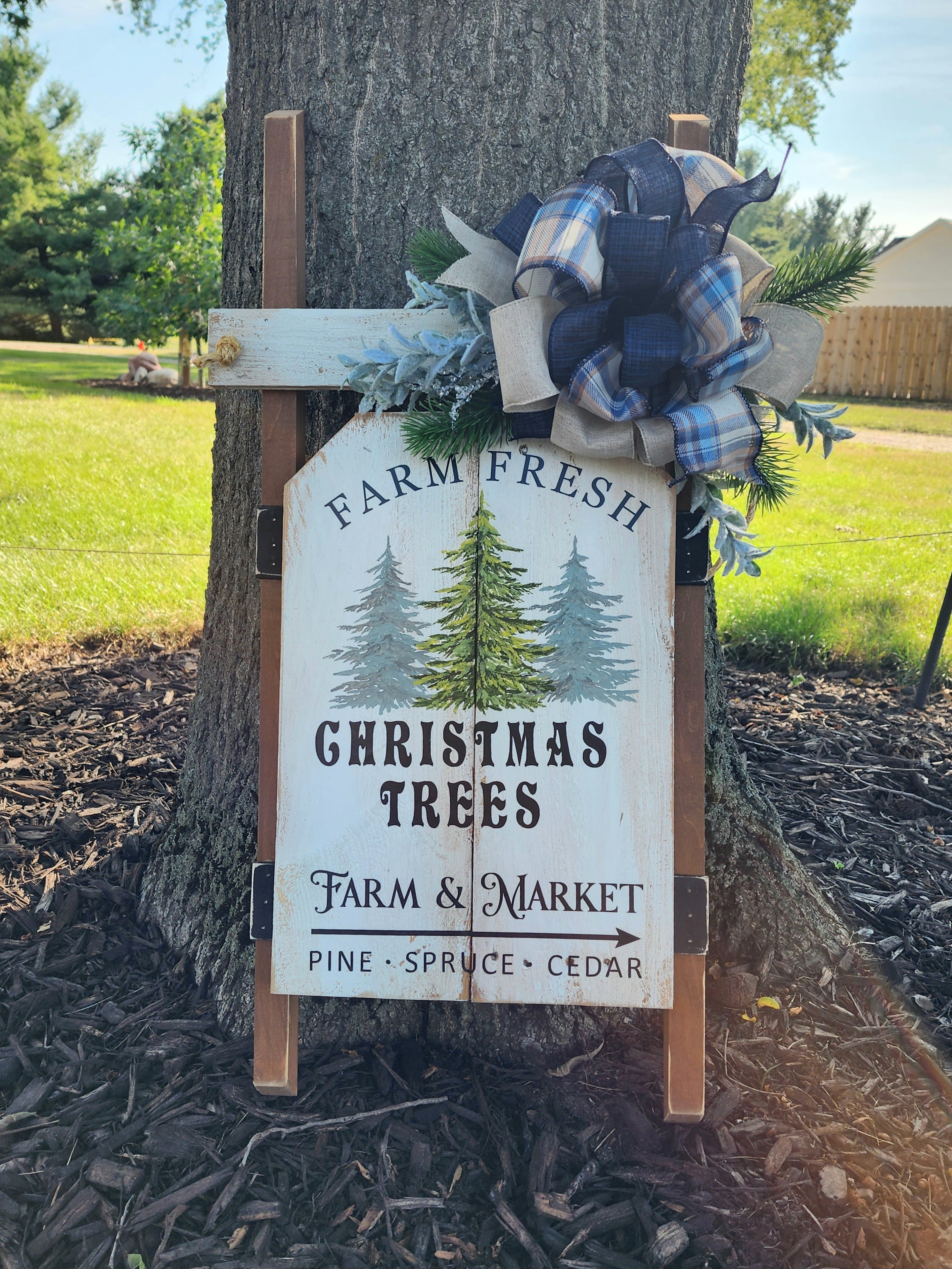 Christmas handmade vintage sled with blue accents, Holiday porch decor, recycled wood hand painted pine Christmas trees, Farm fresh trees for sale sign (Copy)