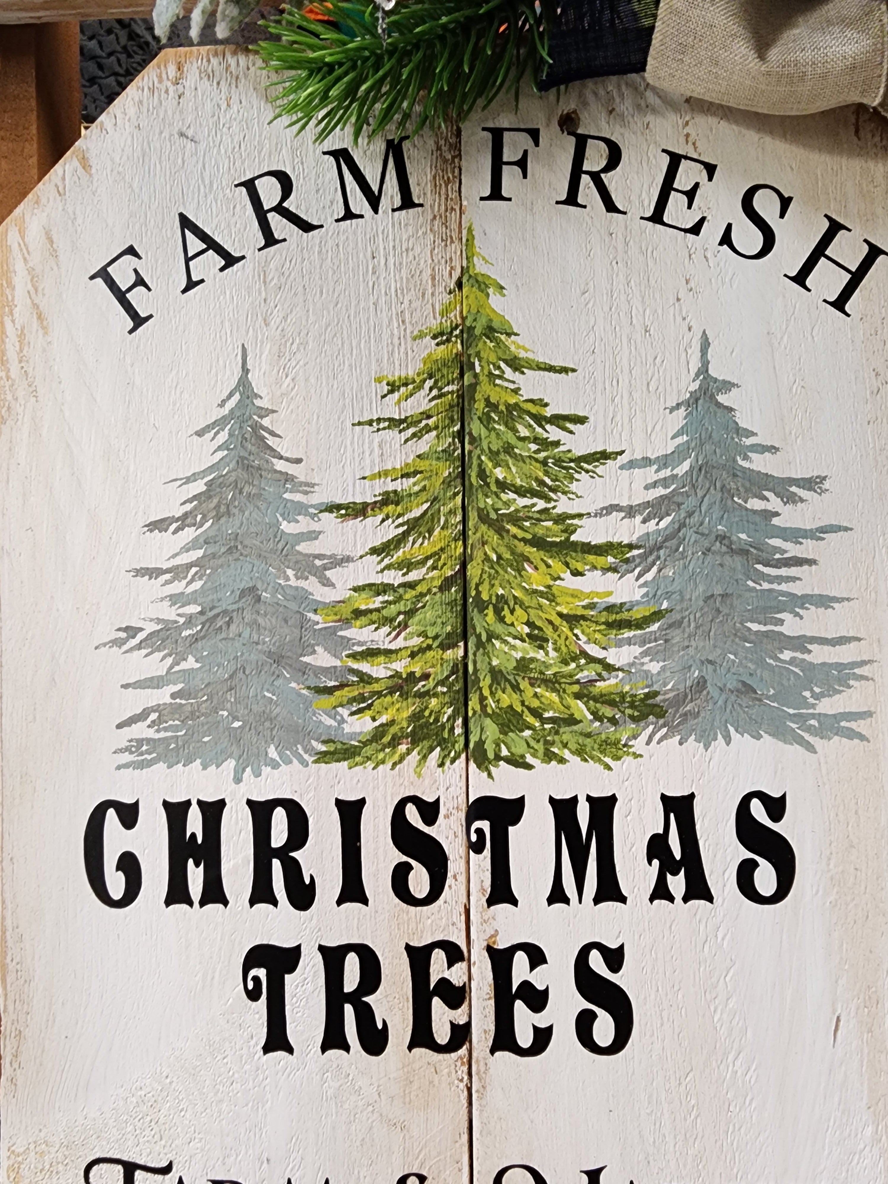 Christmas handmade vintage sled with blue accents, Holiday porch decor, recycled wood hand painted pine Christmas trees, Farm fresh trees for sale sign (Copy)