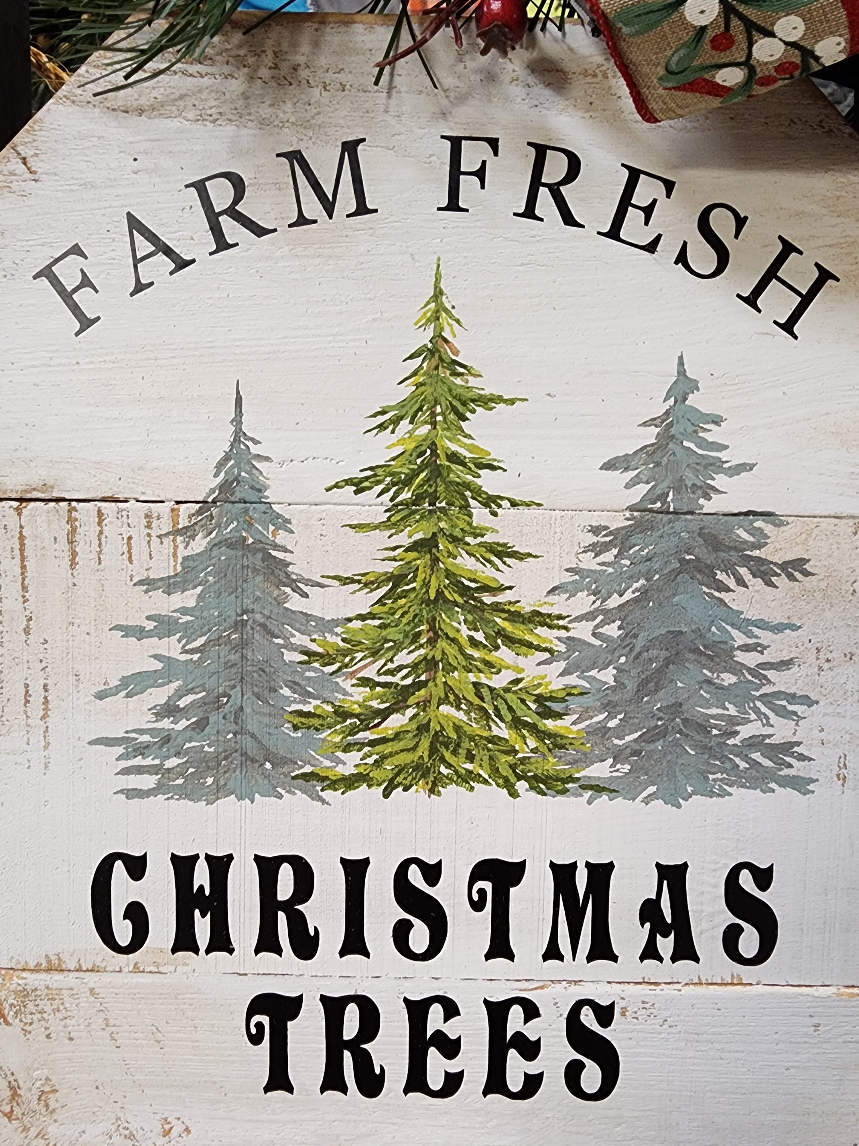 Christmas handmade vintage sled with black accents, Holiday porch decor, recycled wood hand painted pine Christmas trees, Farm fresh trees for sale sign (Copy)