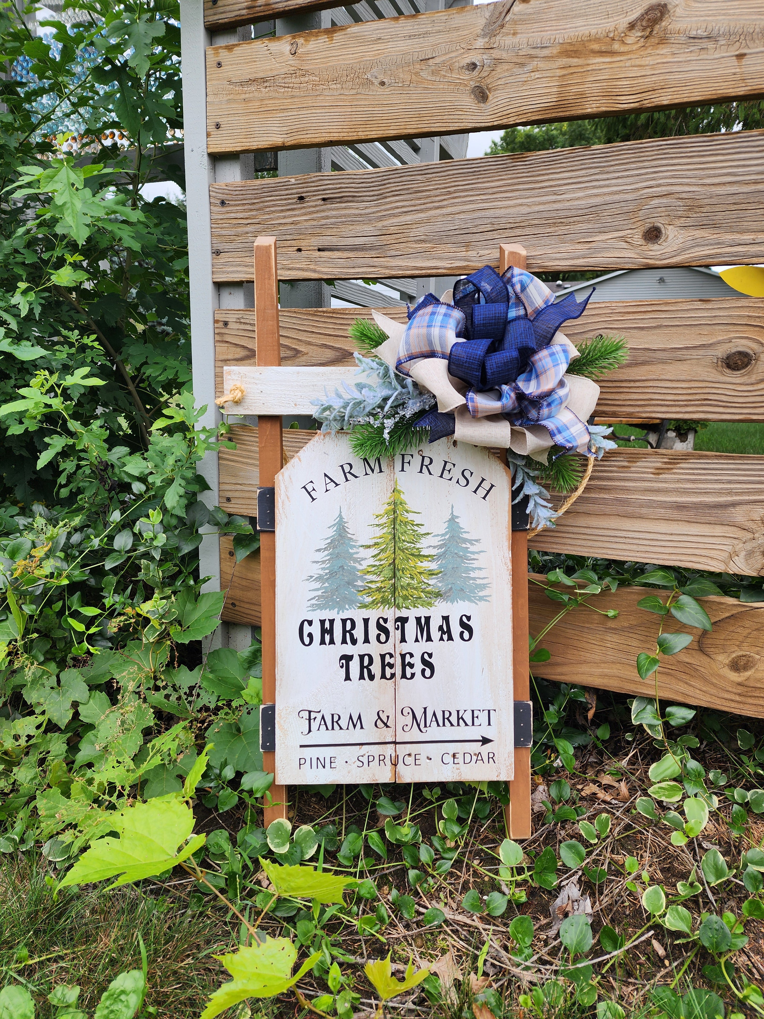 Christmas handmade vintage sled with blue accents, Holiday porch decor, recycled wood hand painted pine Christmas trees, Farm fresh trees for sale sign (Copy)