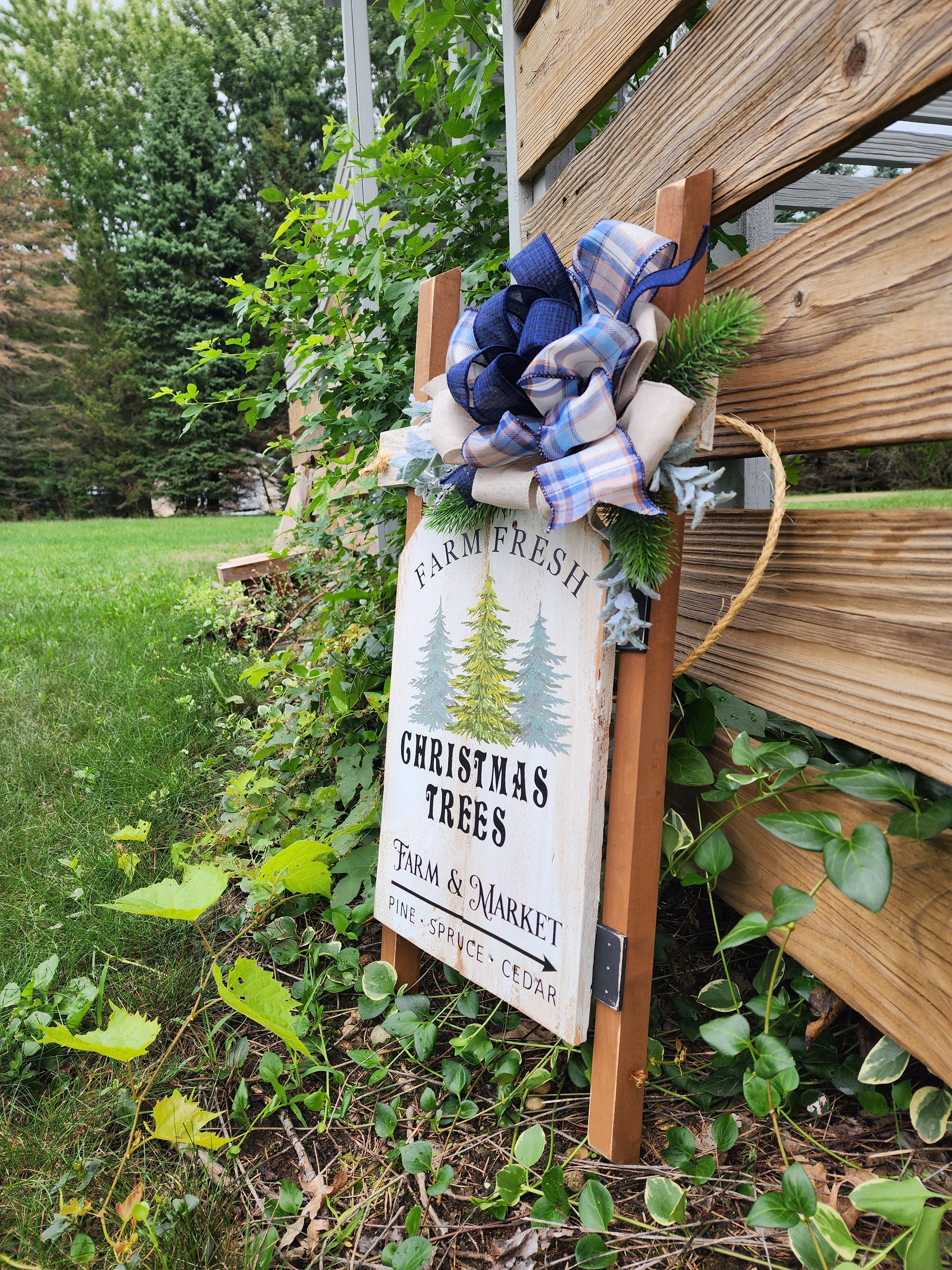 Christmas handmade vintage sled with blue accents, Holiday porch decor, recycled wood hand painted pine Christmas trees, Farm fresh trees for sale sign (Copy)