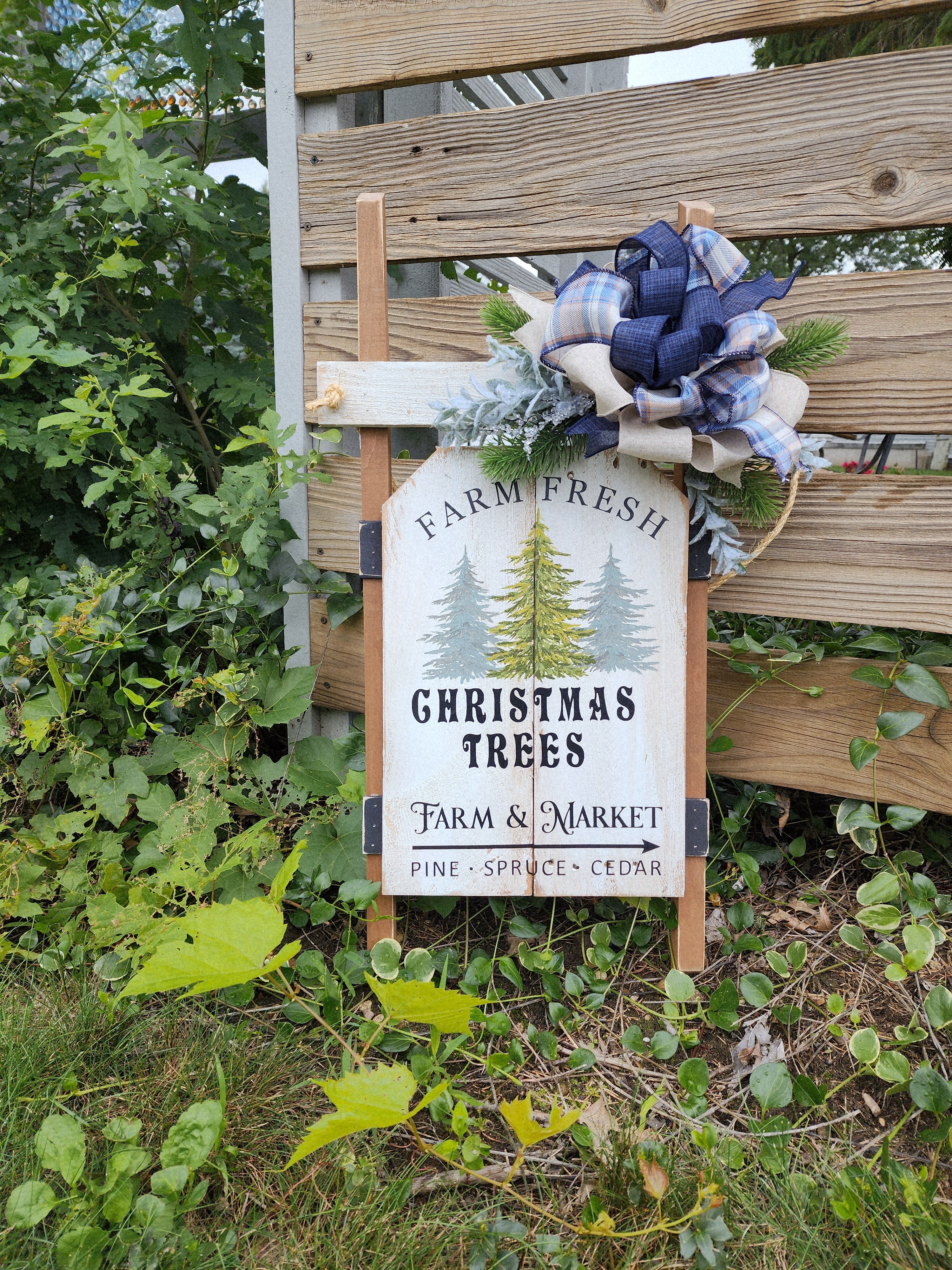 Christmas handmade vintage sled with blue accents, Holiday porch decor, recycled wood hand painted pine Christmas trees, Farm fresh trees for sale sign (Copy)