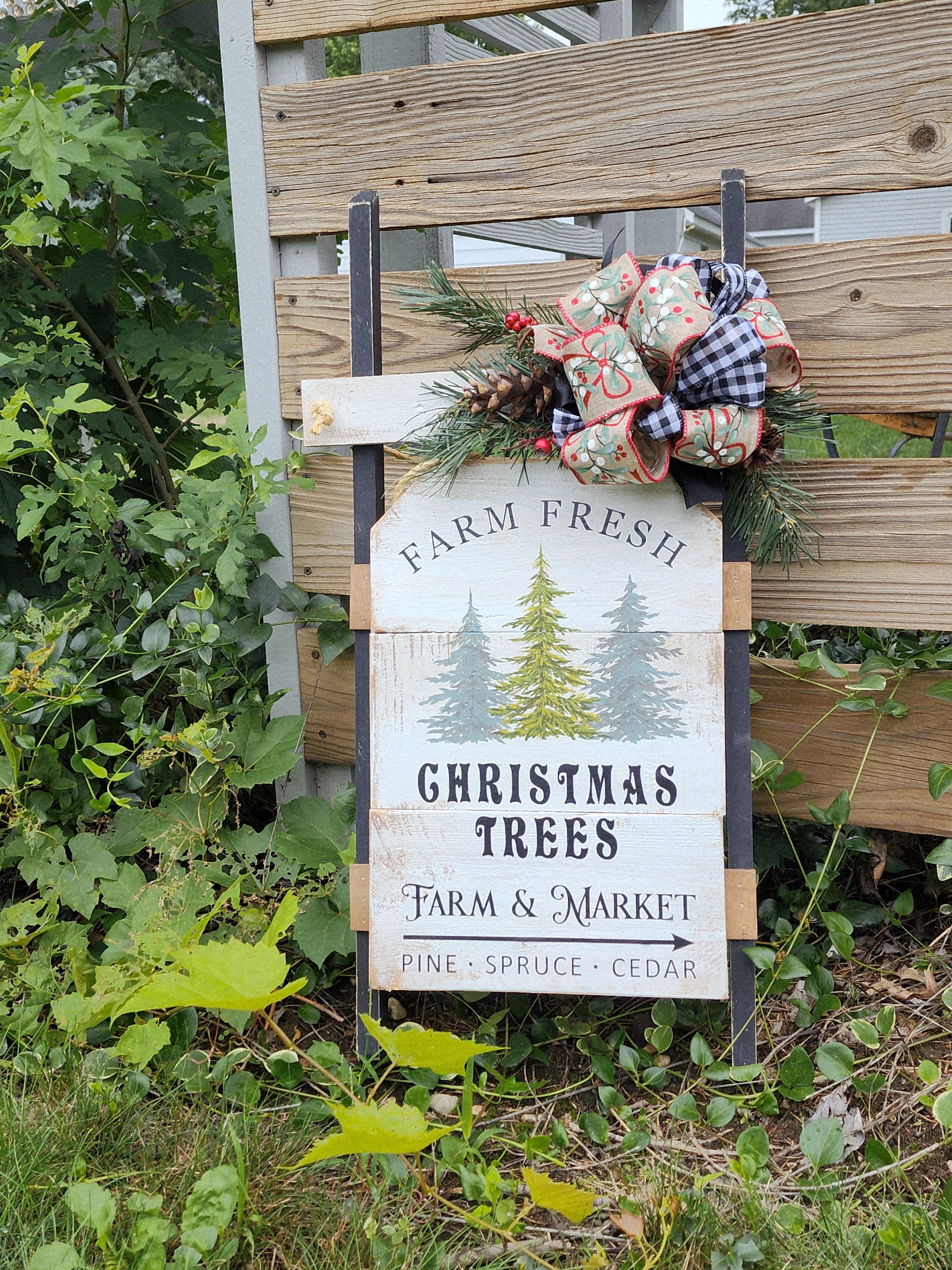 Christmas handmade vintage sled with black accents, Holiday porch decor, recycled wood hand painted pine Christmas trees, Farm fresh trees for sale sign (Copy)