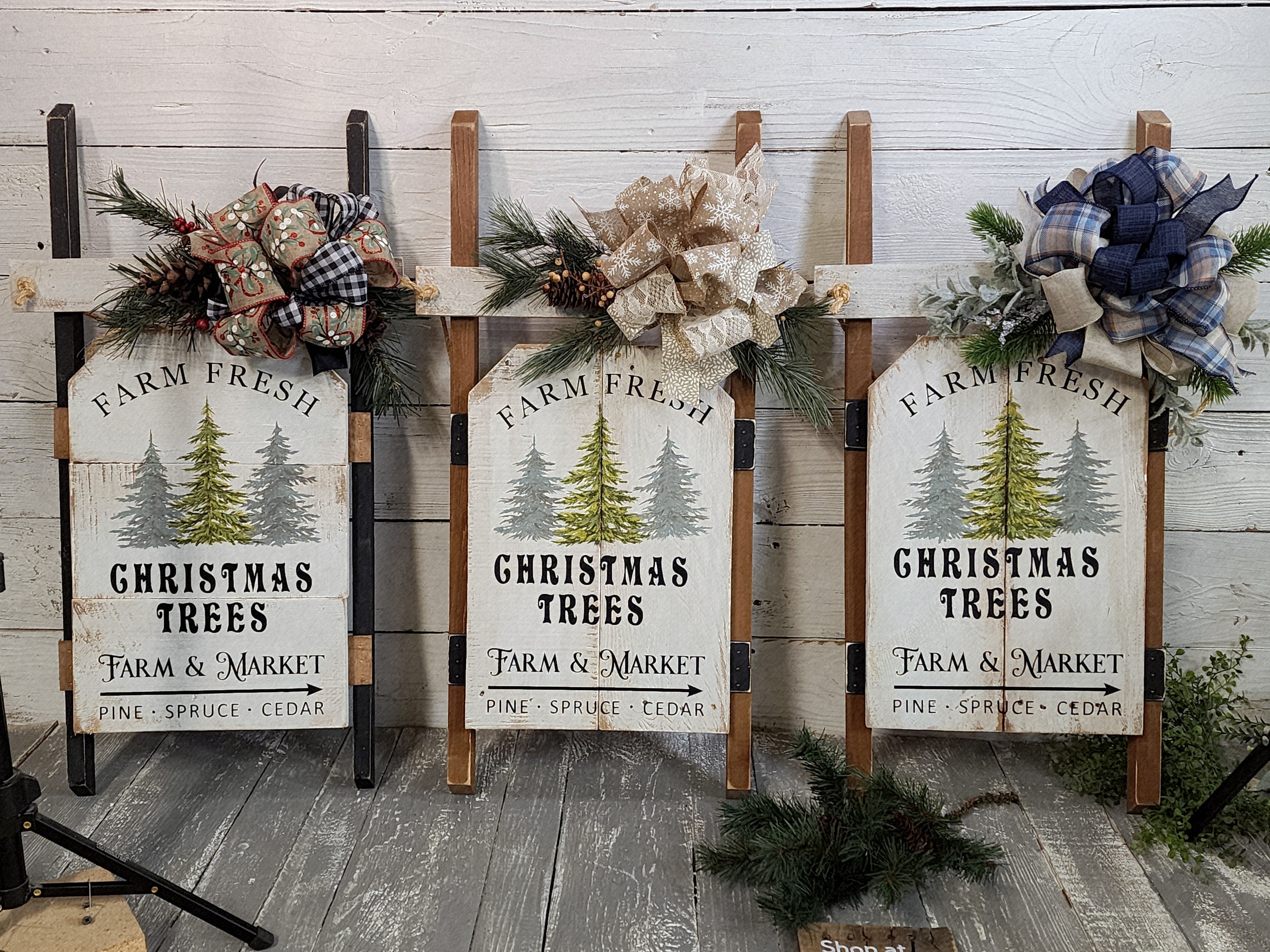 Christmas handmade vintage sled with black accents, Holiday porch decor, recycled wood hand painted pine Christmas trees, Farm fresh trees for sale sign (Copy)