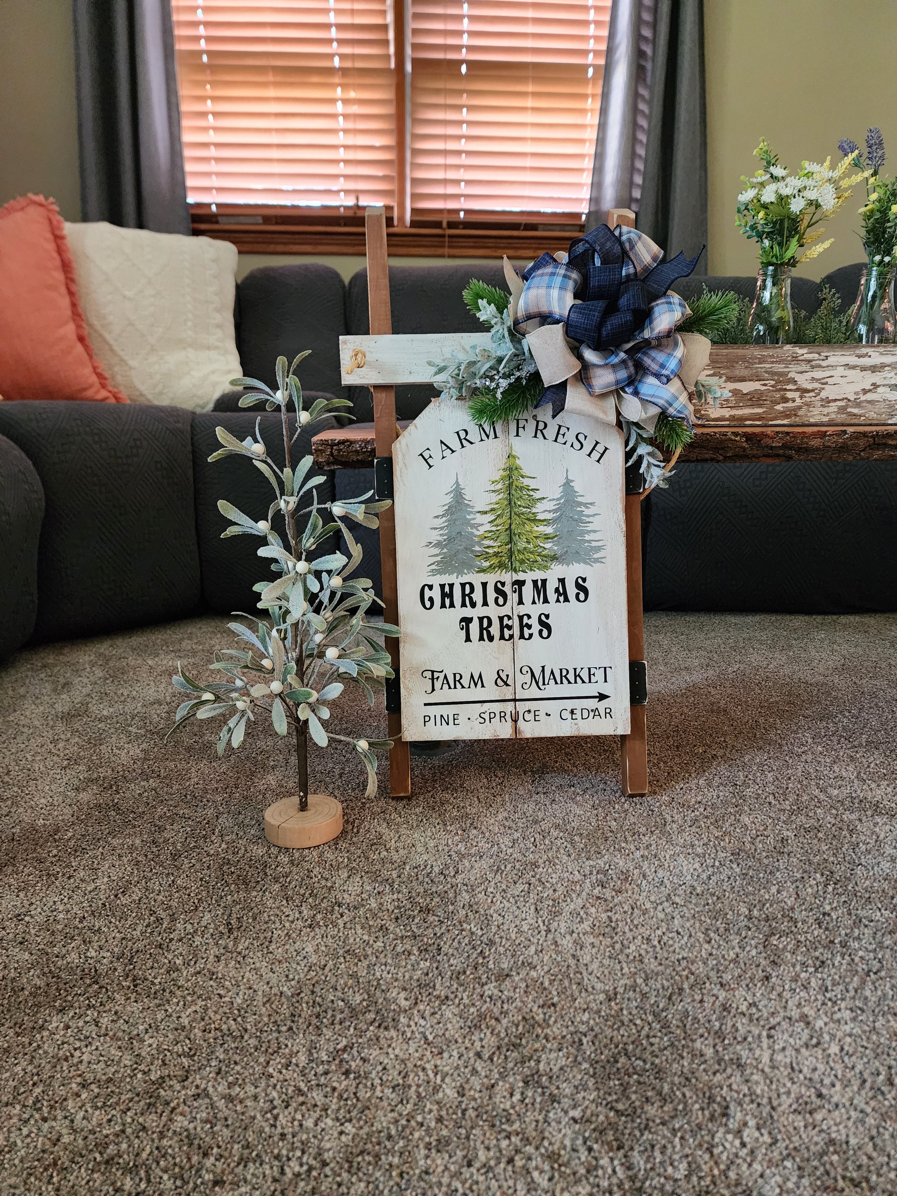 Christmas handmade vintage sled with blue accents, Holiday porch decor, recycled wood hand painted pine Christmas trees, Farm fresh trees for sale sign (Copy)