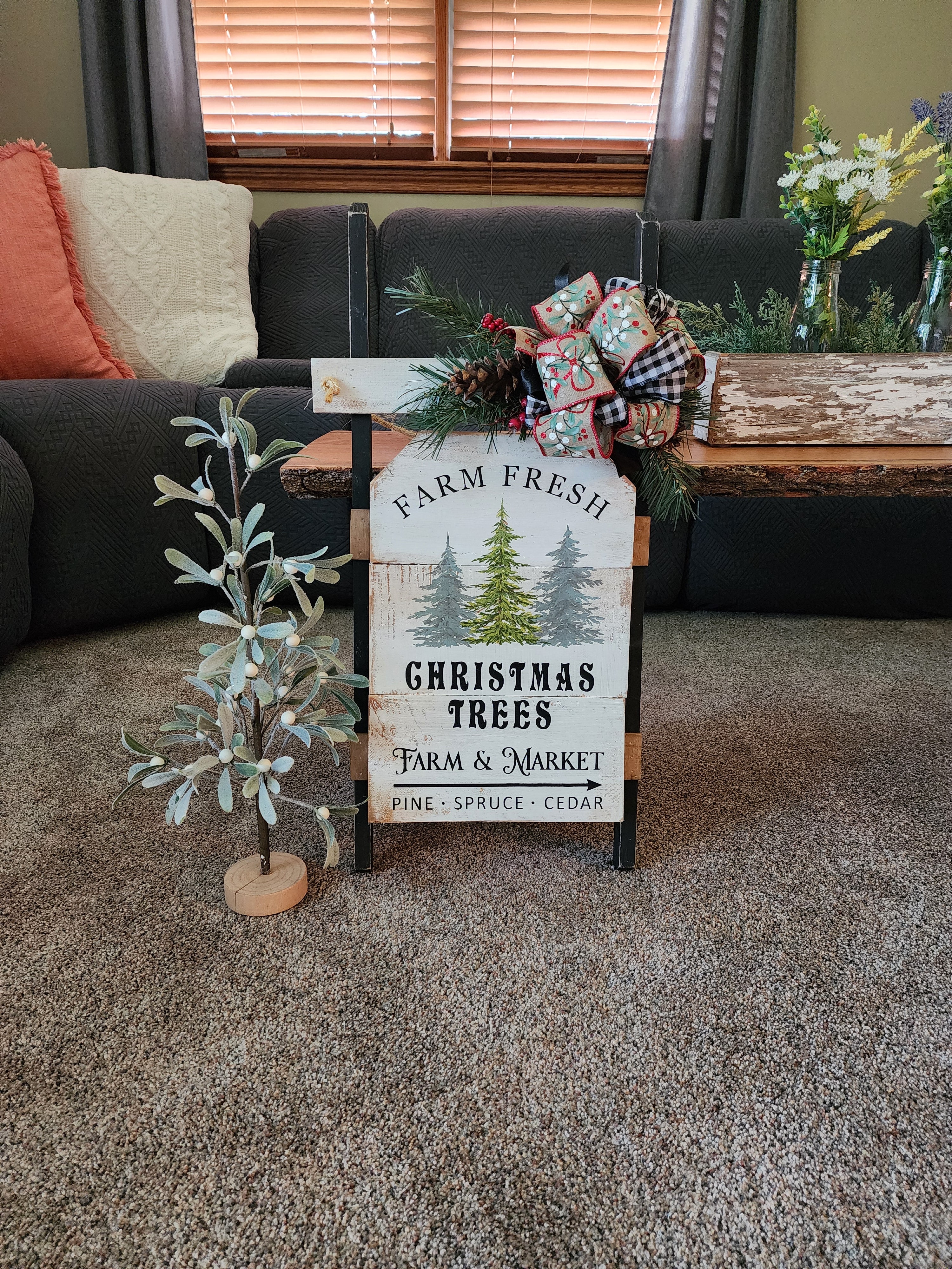 Christmas handmade vintage sled with black accents, Holiday porch decor, recycled wood hand painted pine Christmas trees, Farm fresh trees for sale sign (Copy)
