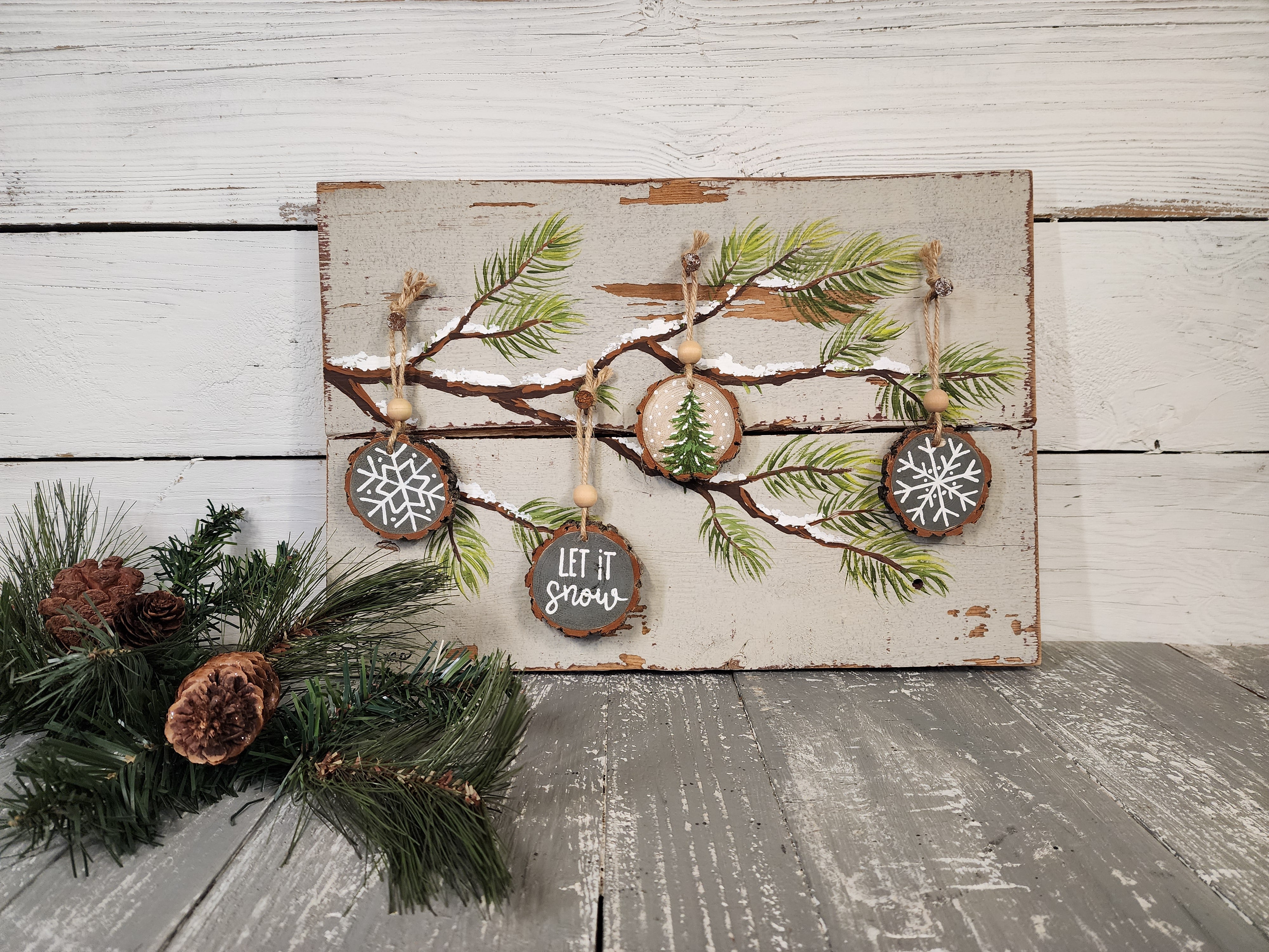 Christmas handmade wood slice ornaments, let it snow, recycled holiday artwork, snow covered pine Christmas tree branch, gray decor