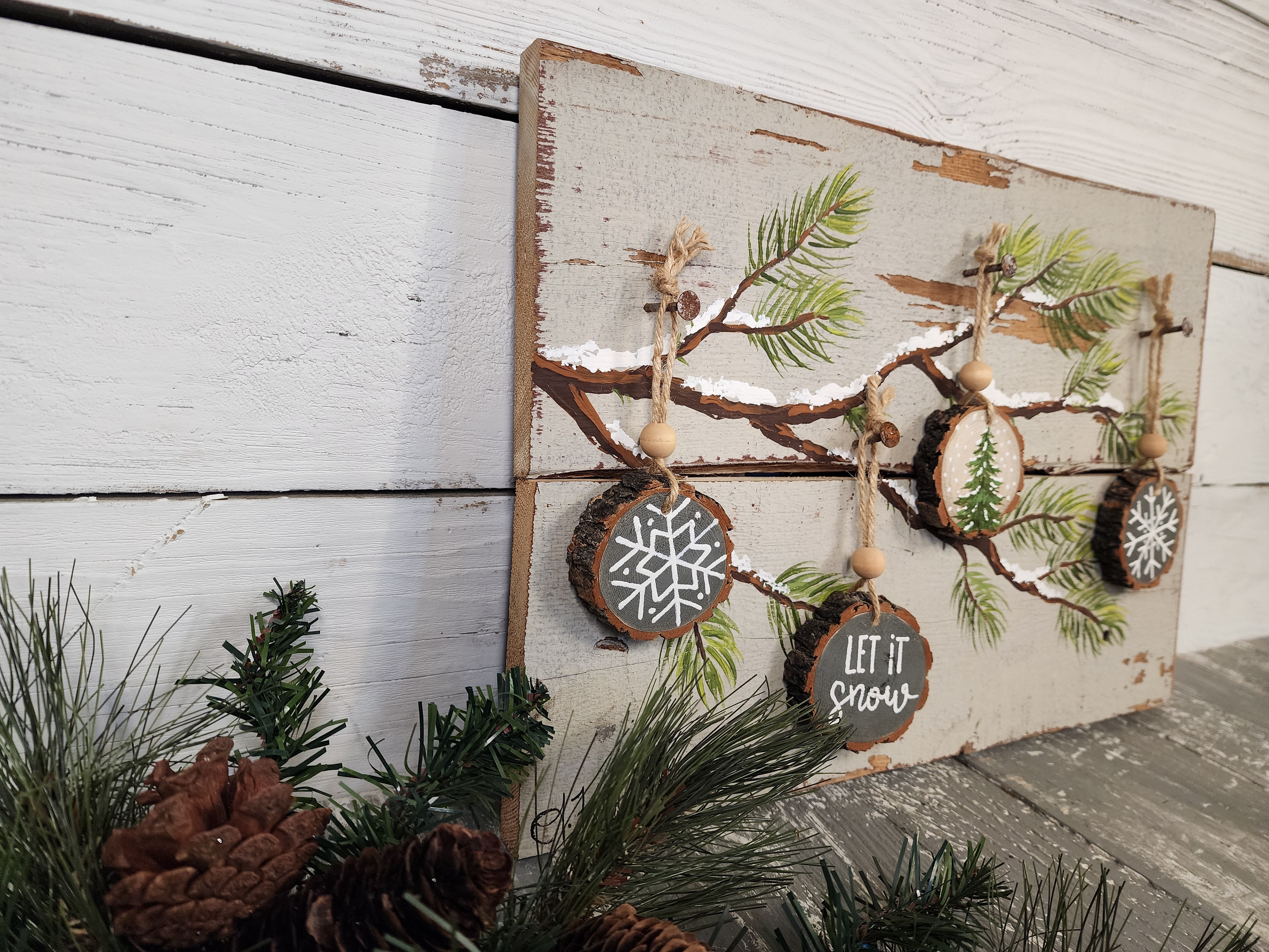 Christmas handmade wood slice ornaments, let it snow, recycled holiday artwork, snow covered pine Christmas tree branch, gray decor
