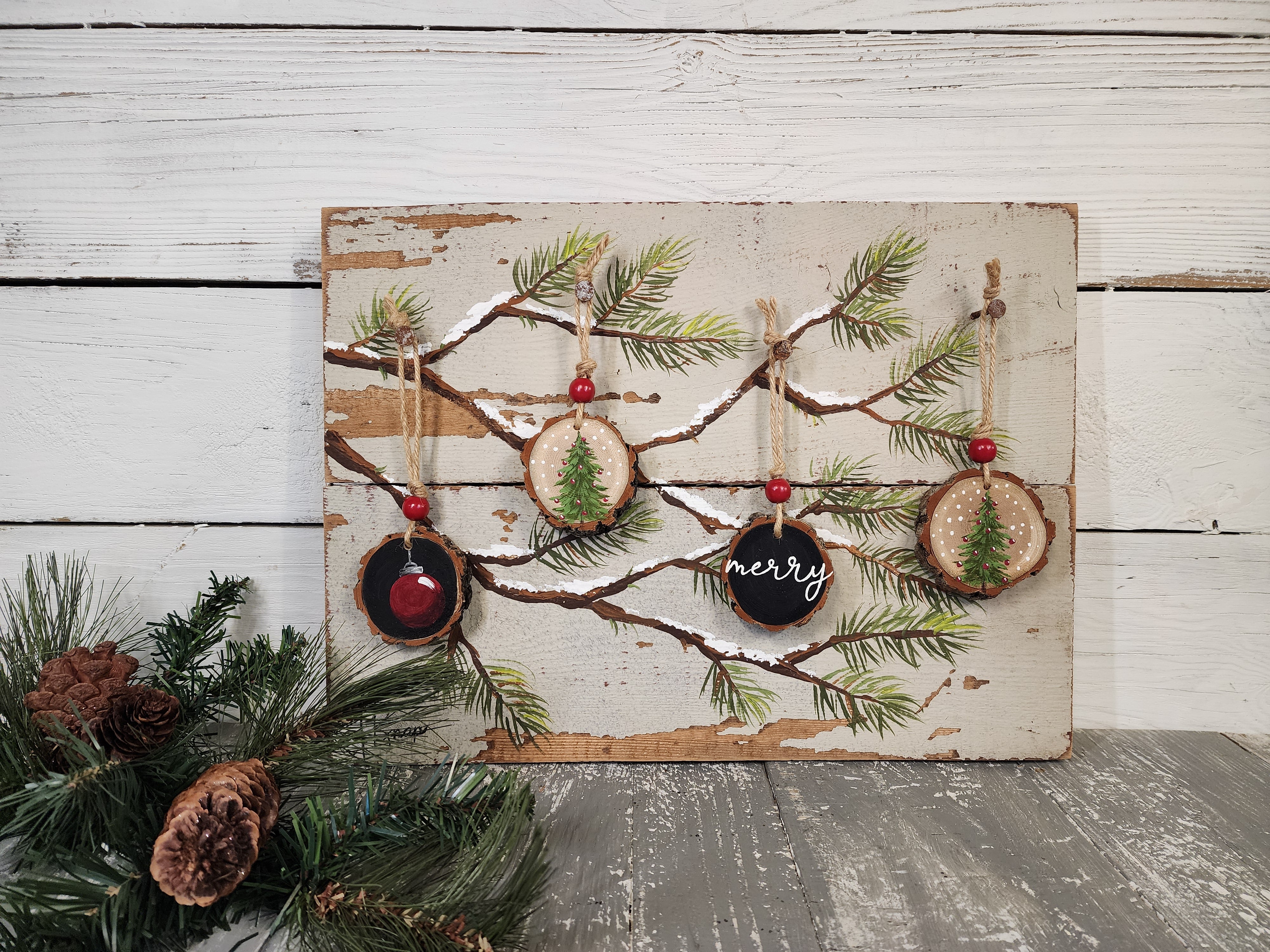 Christmas handmade wood slice ornaments, Merry, Red bulb, recycled holiday artwork, hand painted Christmas tree with ornaments