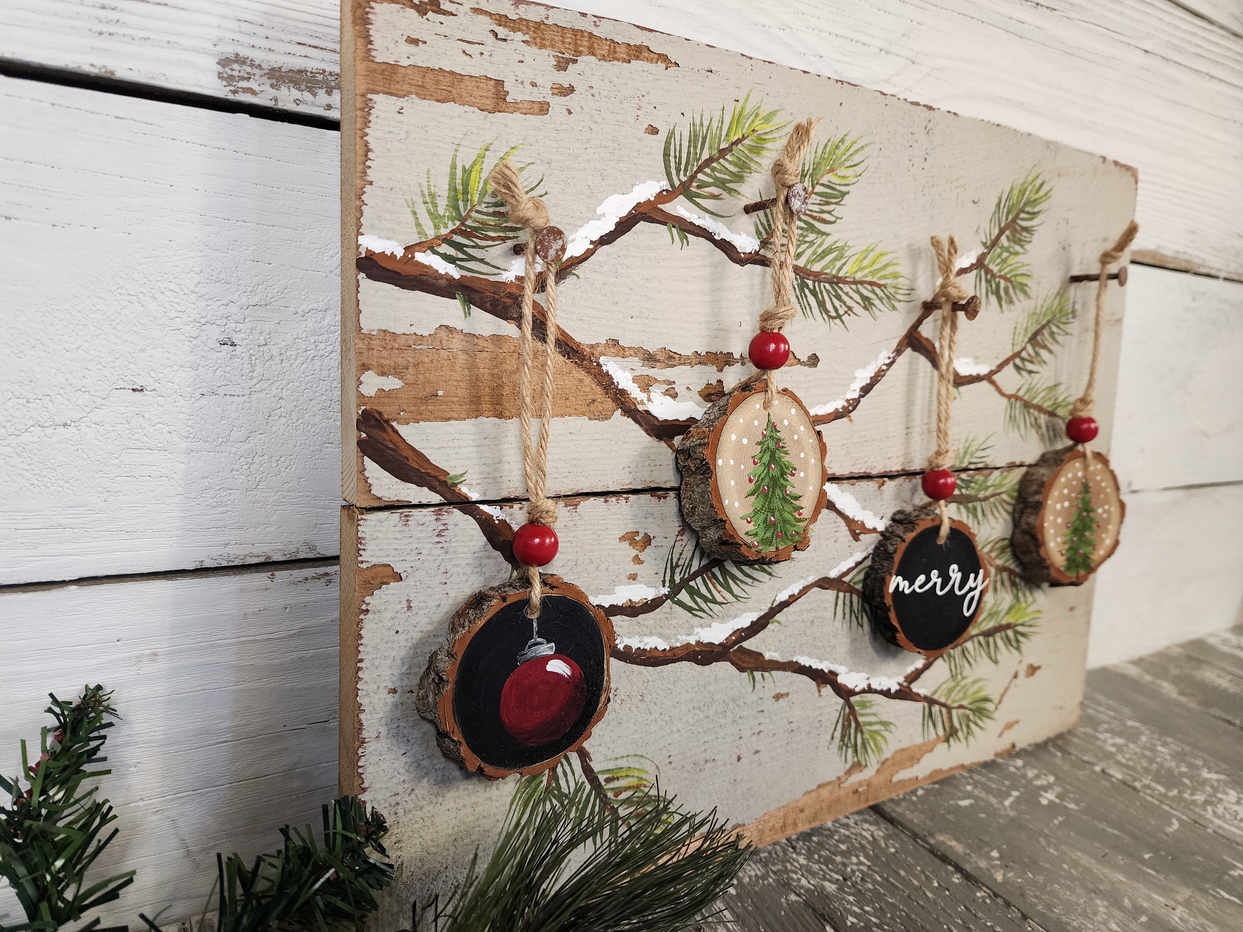 Christmas handmade wood slice ornaments, Merry, Red bulb, recycled holiday artwork, hand painted Christmas tree with ornaments