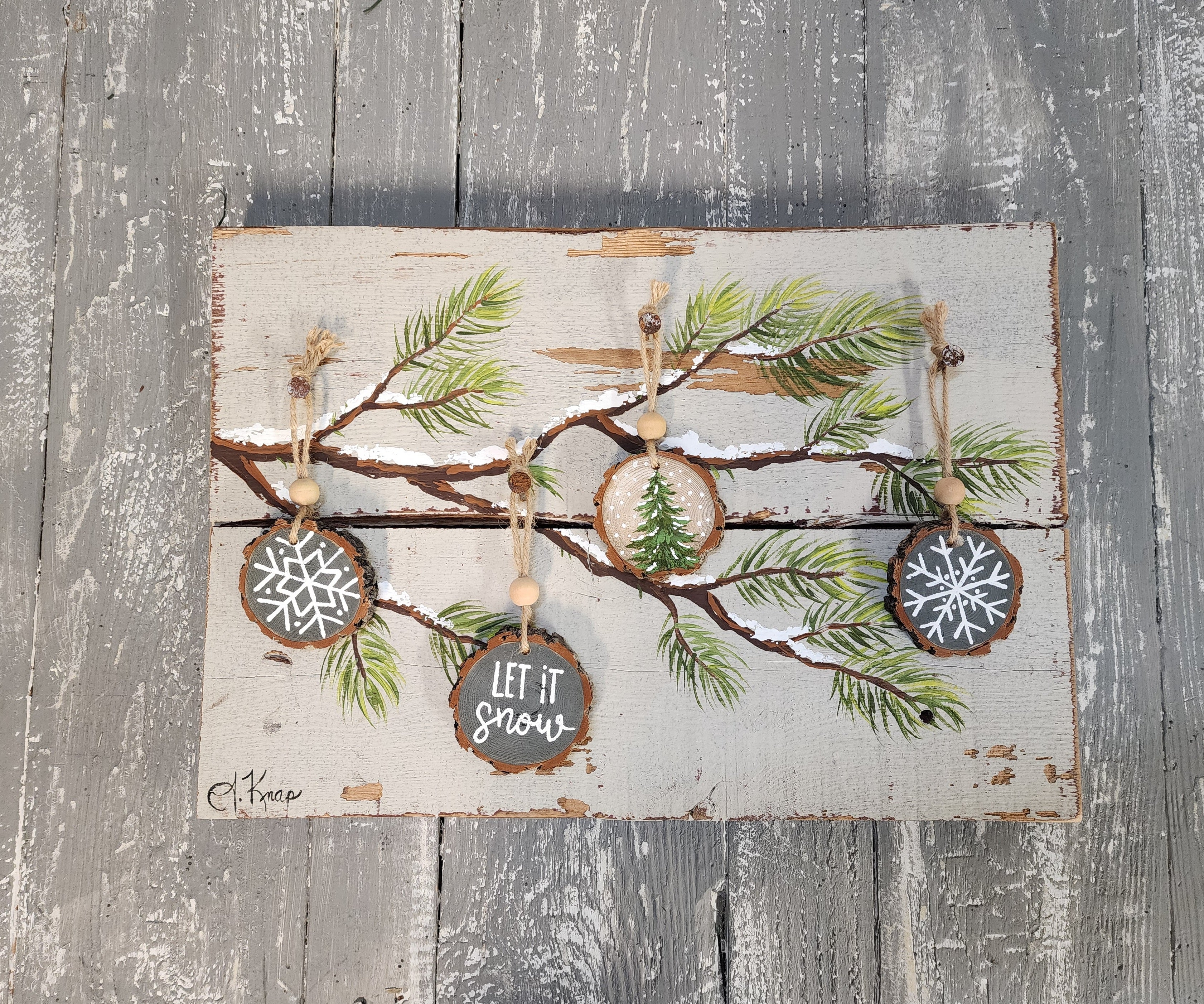 Christmas handmade wood slice ornaments, let it snow, recycled holiday artwork, snow covered pine Christmas tree branch, gray decor