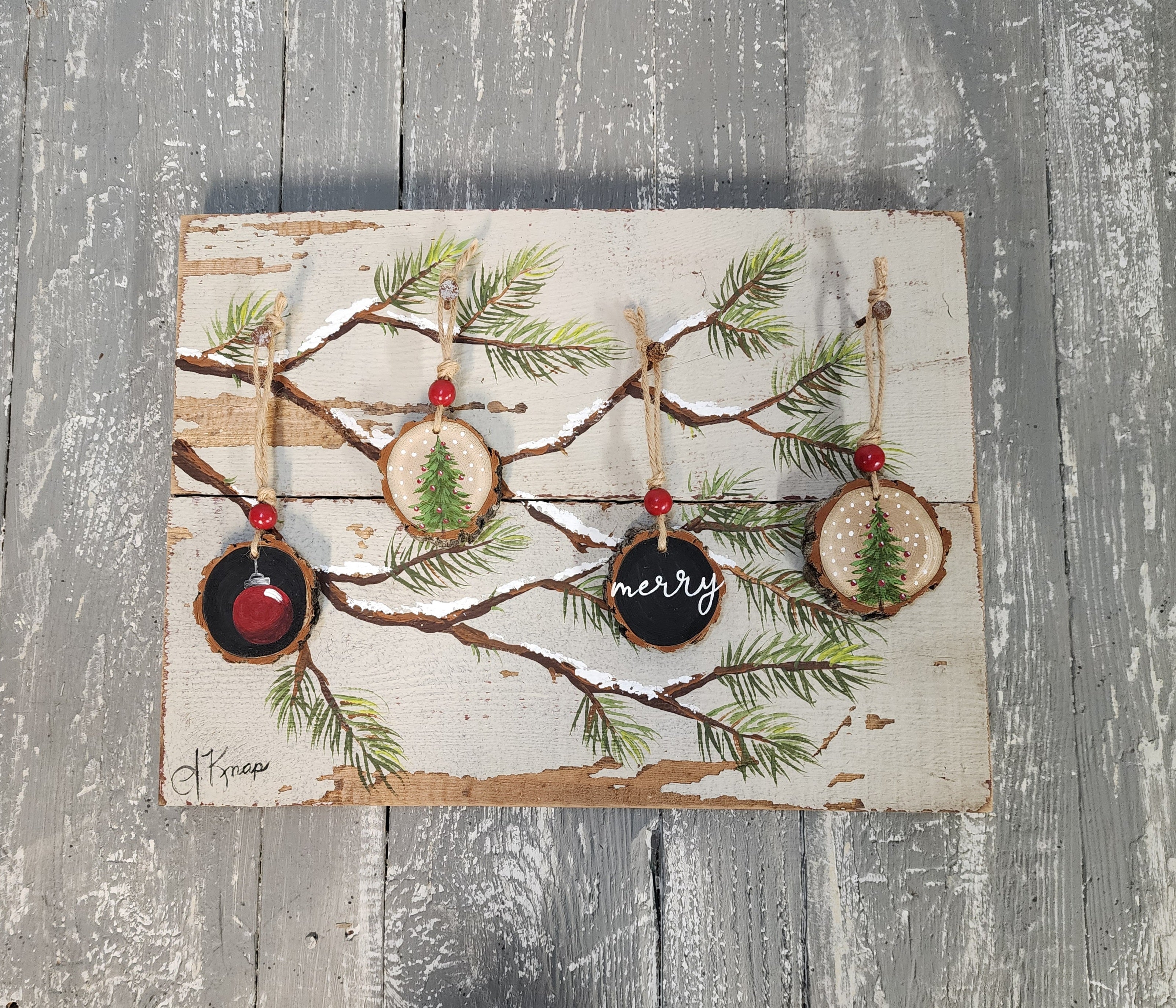 Christmas handmade wood slice ornaments, Merry, Red bulb, recycled holiday artwork, hand painted Christmas tree with ornaments