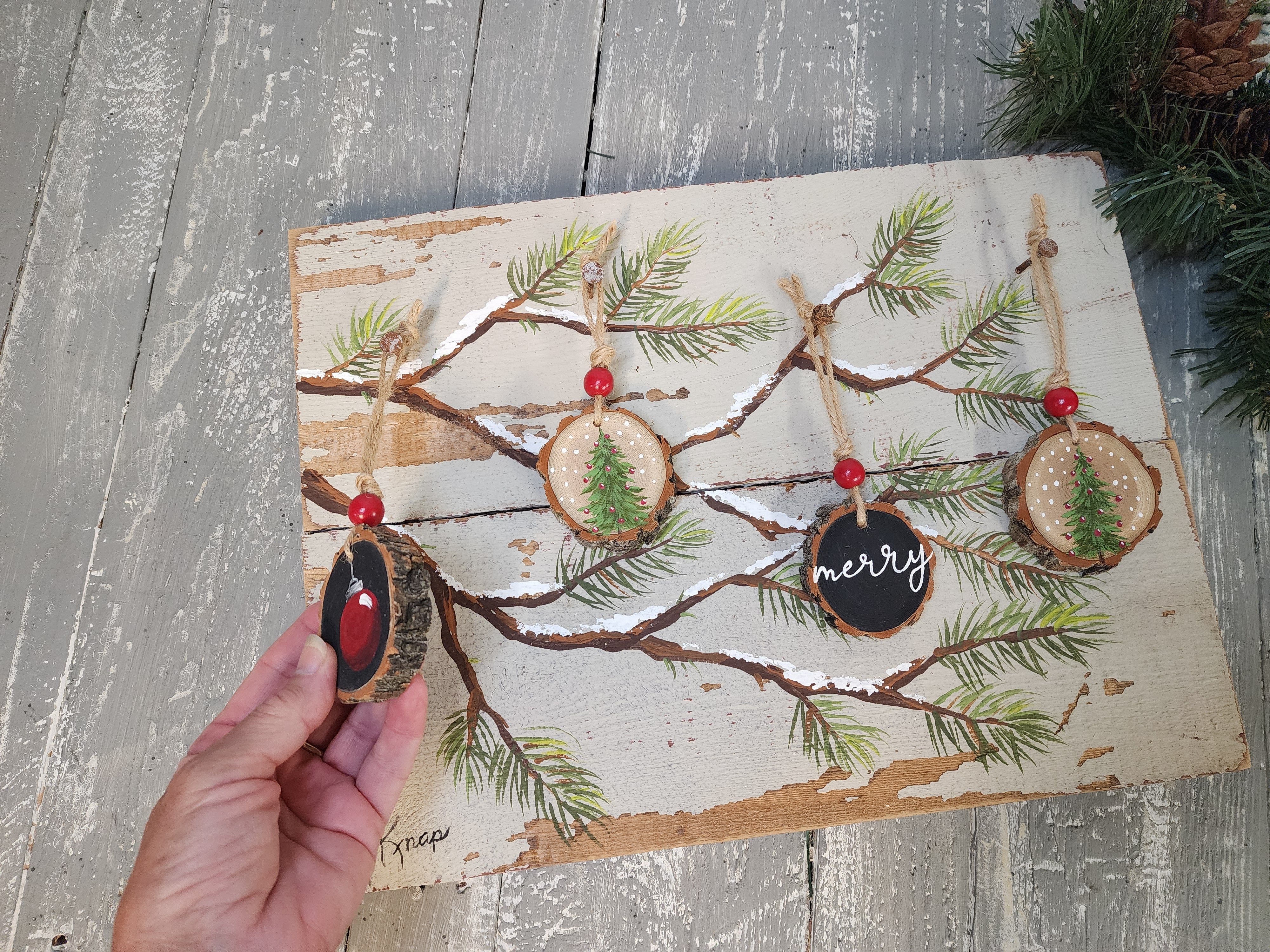 Christmas handmade wood slice ornaments, Merry, Red bulb, recycled holiday artwork, hand painted Christmas tree with ornaments
