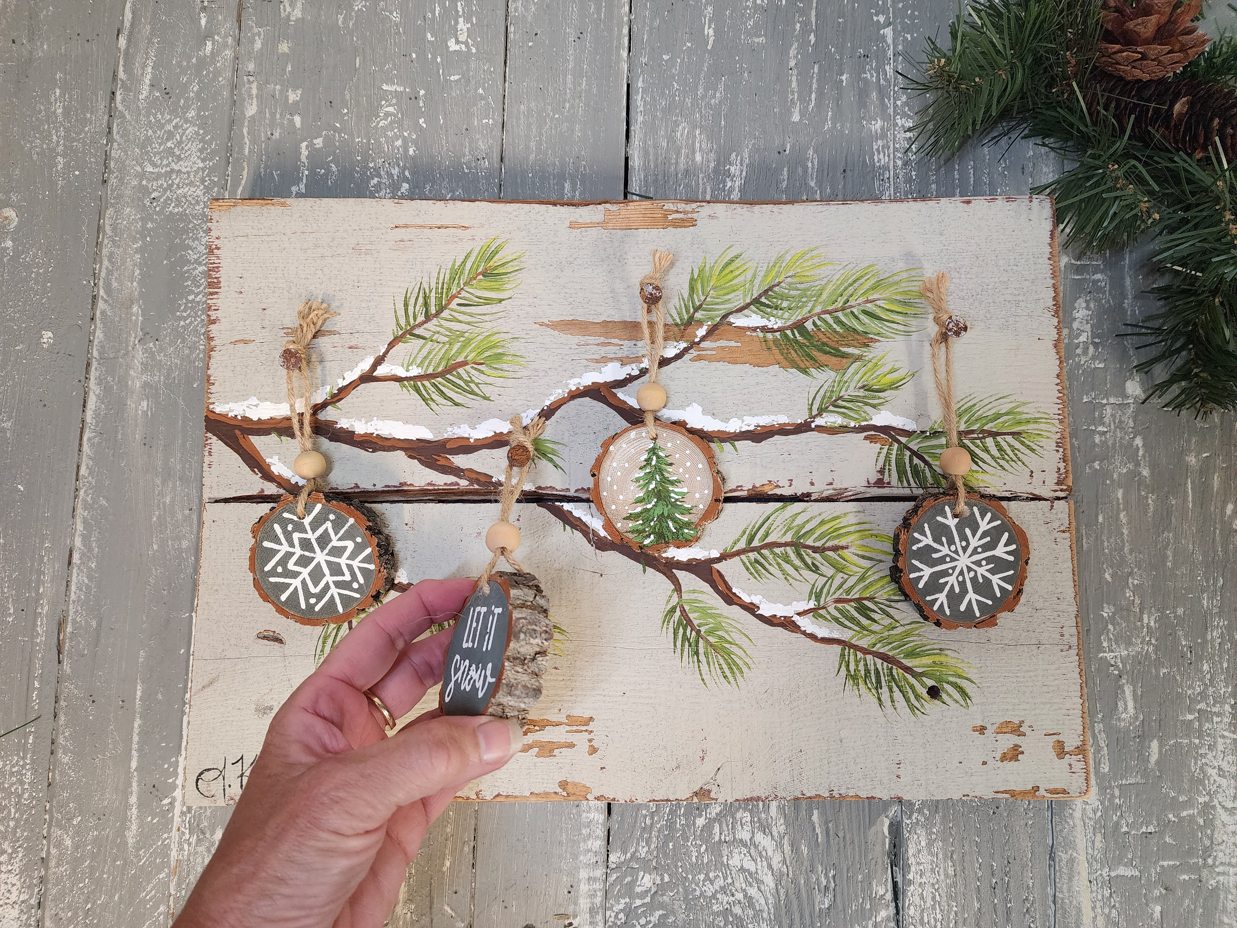 Christmas handmade wood slice ornaments, let it snow, recycled holiday artwork, snow covered pine Christmas tree branch, gray decor