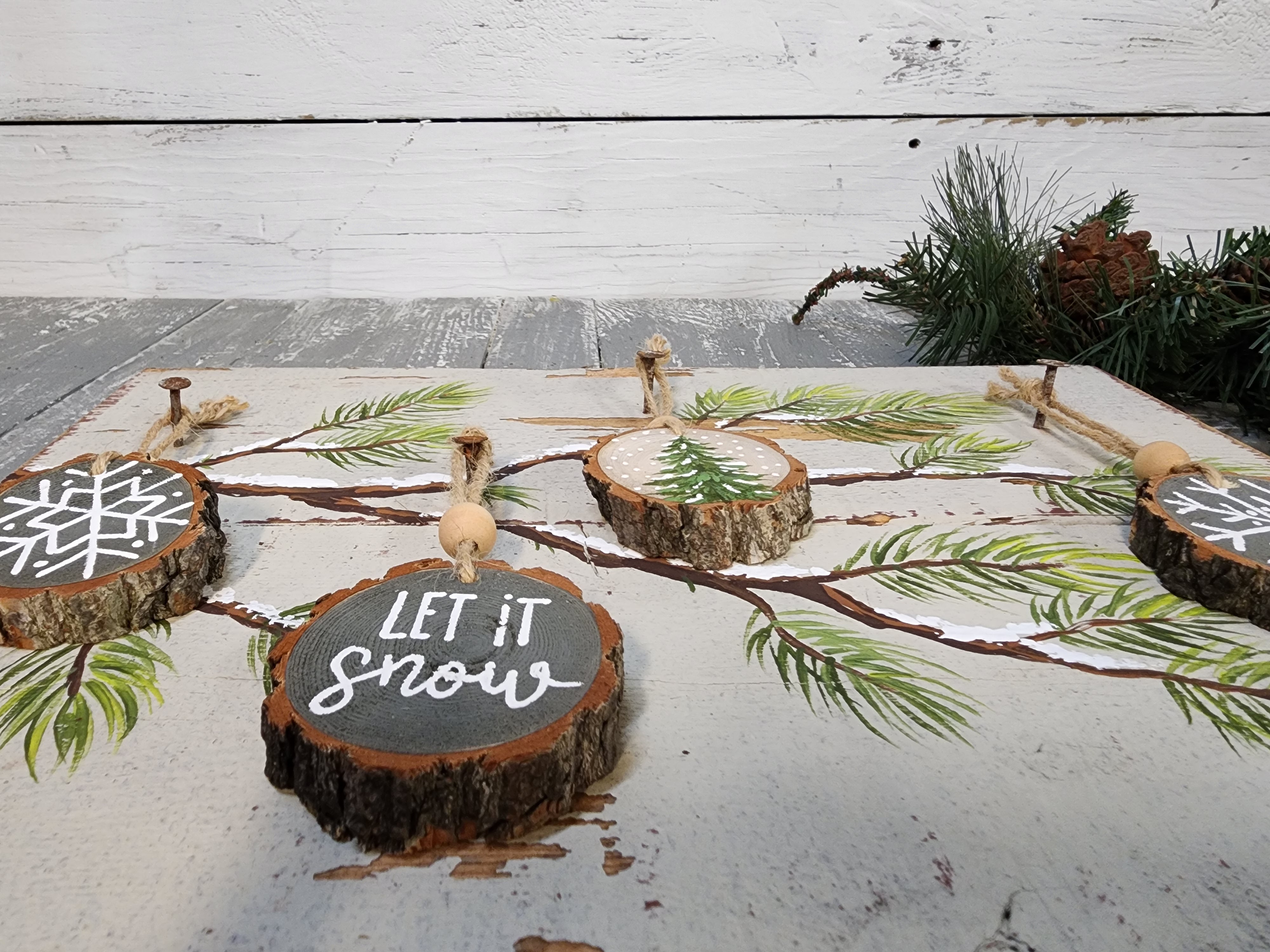 Christmas handmade wood slice ornaments, let it snow, recycled holiday artwork, snow covered pine Christmas tree branch, gray decor