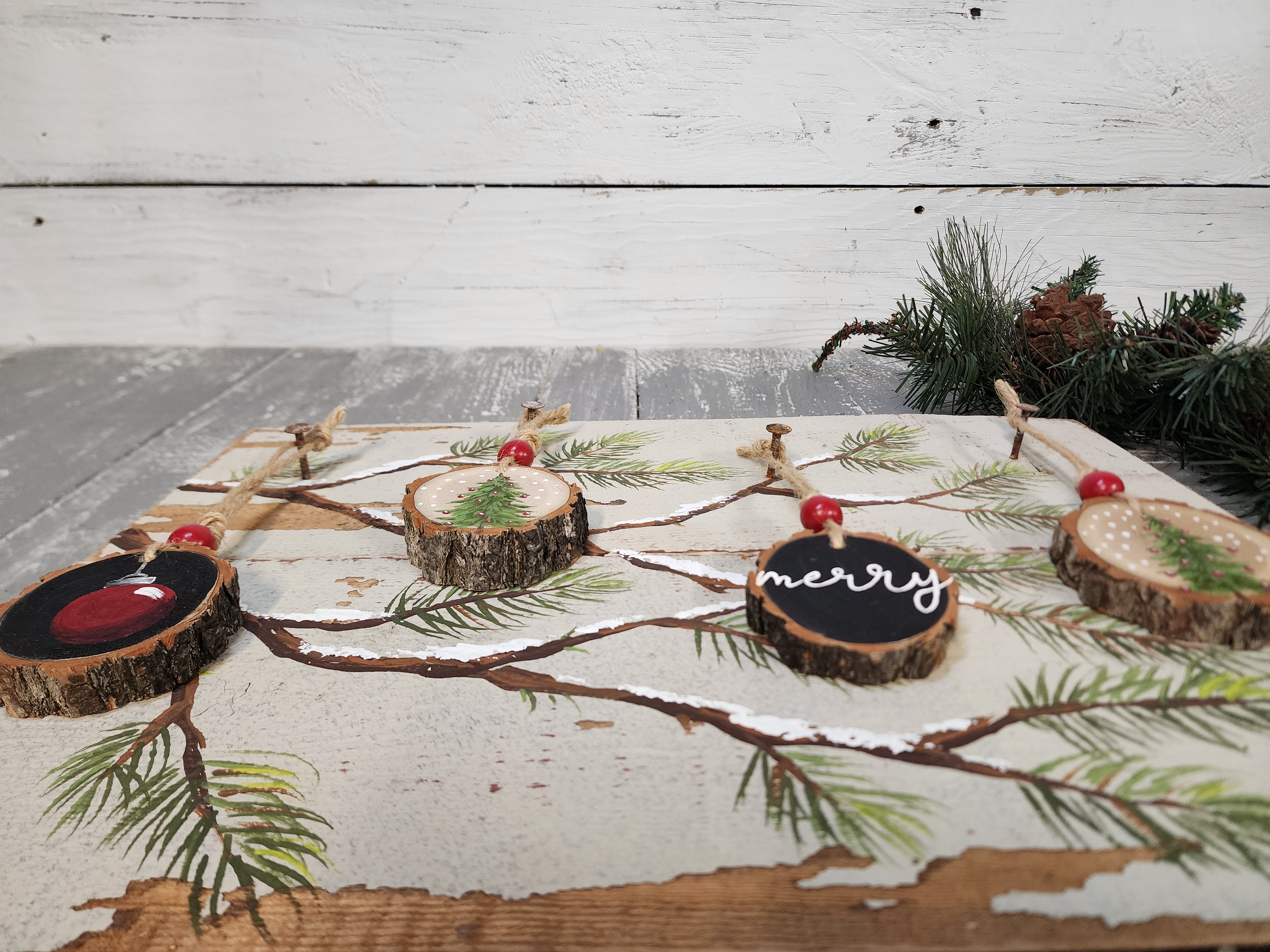 Christmas handmade wood slice ornaments, Merry, Red bulb, recycled holiday artwork, hand painted Christmas tree with ornaments