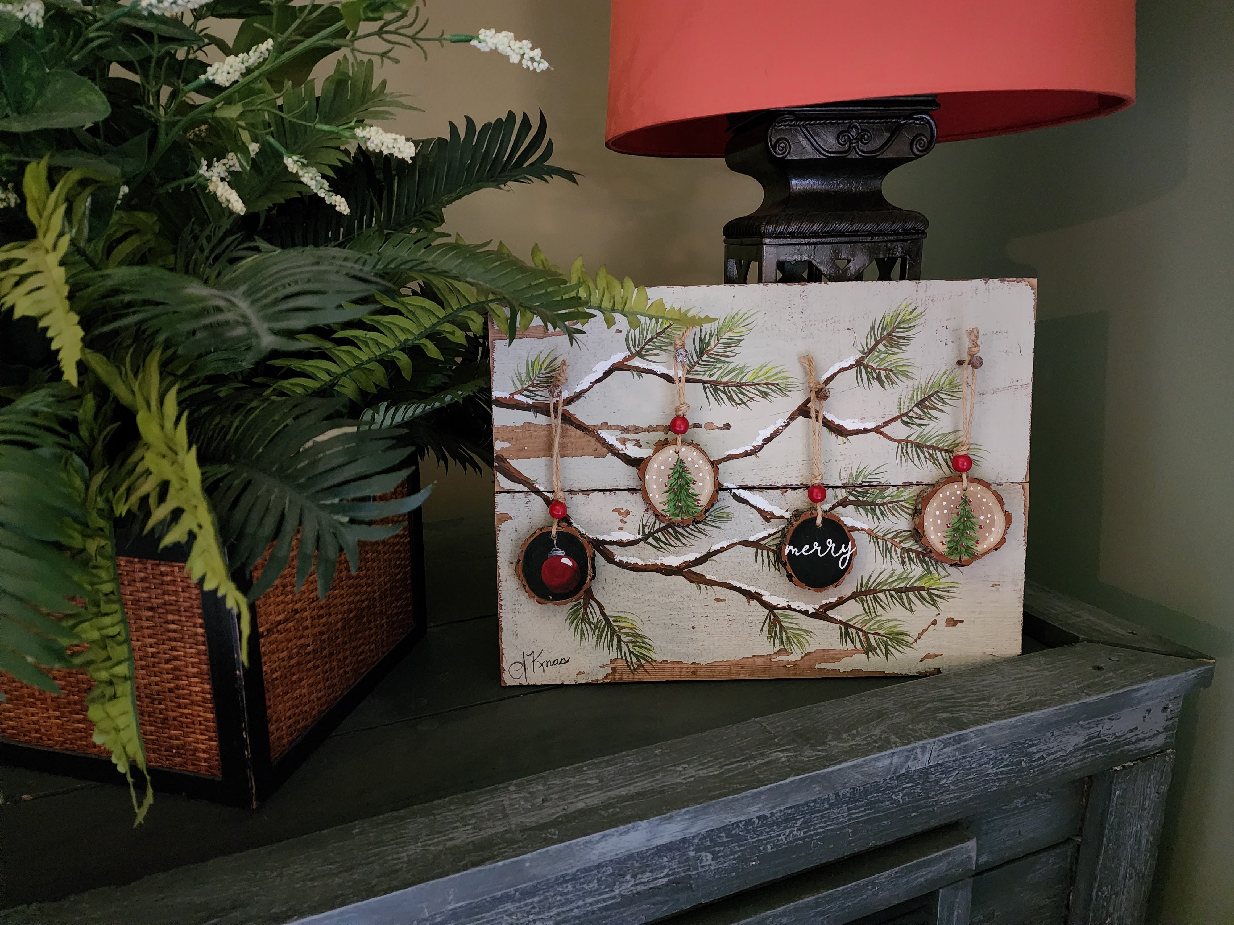 Christmas handmade wood slice ornaments, Merry, Red bulb, recycled holiday artwork, hand painted Christmas tree with ornaments