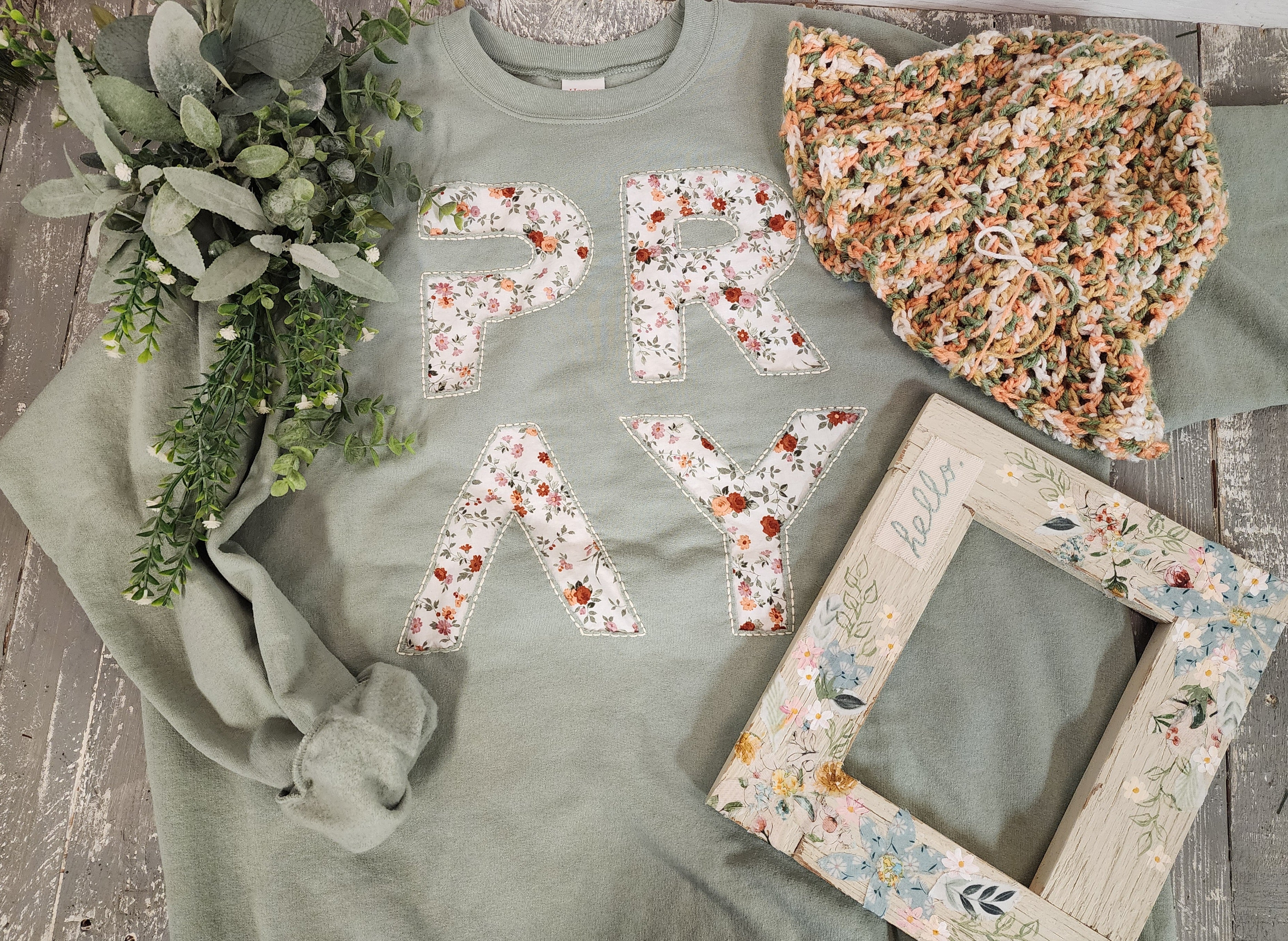 Christmas gift set, cozy hand made embroidery sweatshirt, PRAY, junk journal recycled calico frame, crochet bucket hat