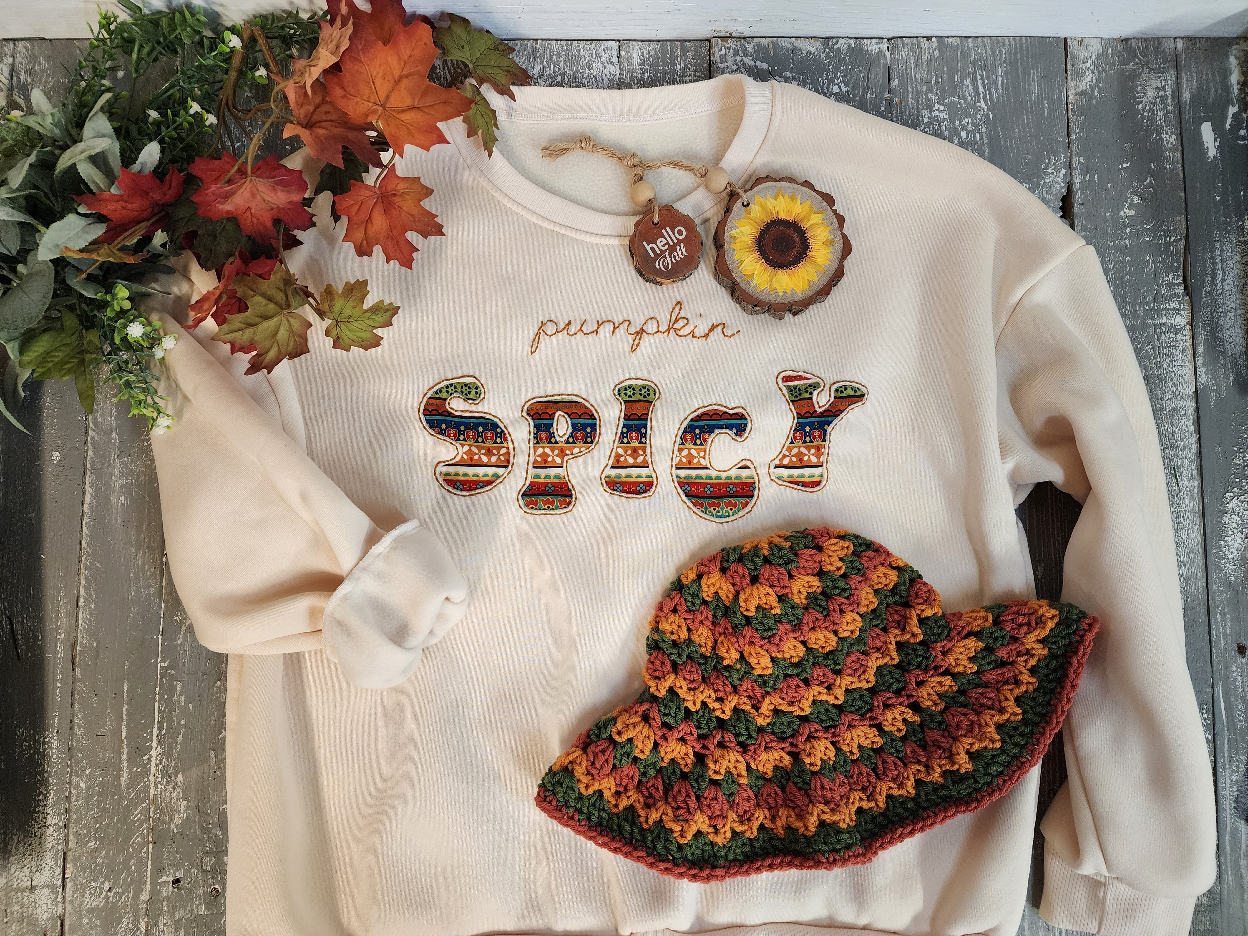 Fall pumpkin spice sweatshirt, cozy hand made embroidery crew, wood slice sunflower ornament, Autumn colors crochet bucket hat, gift set