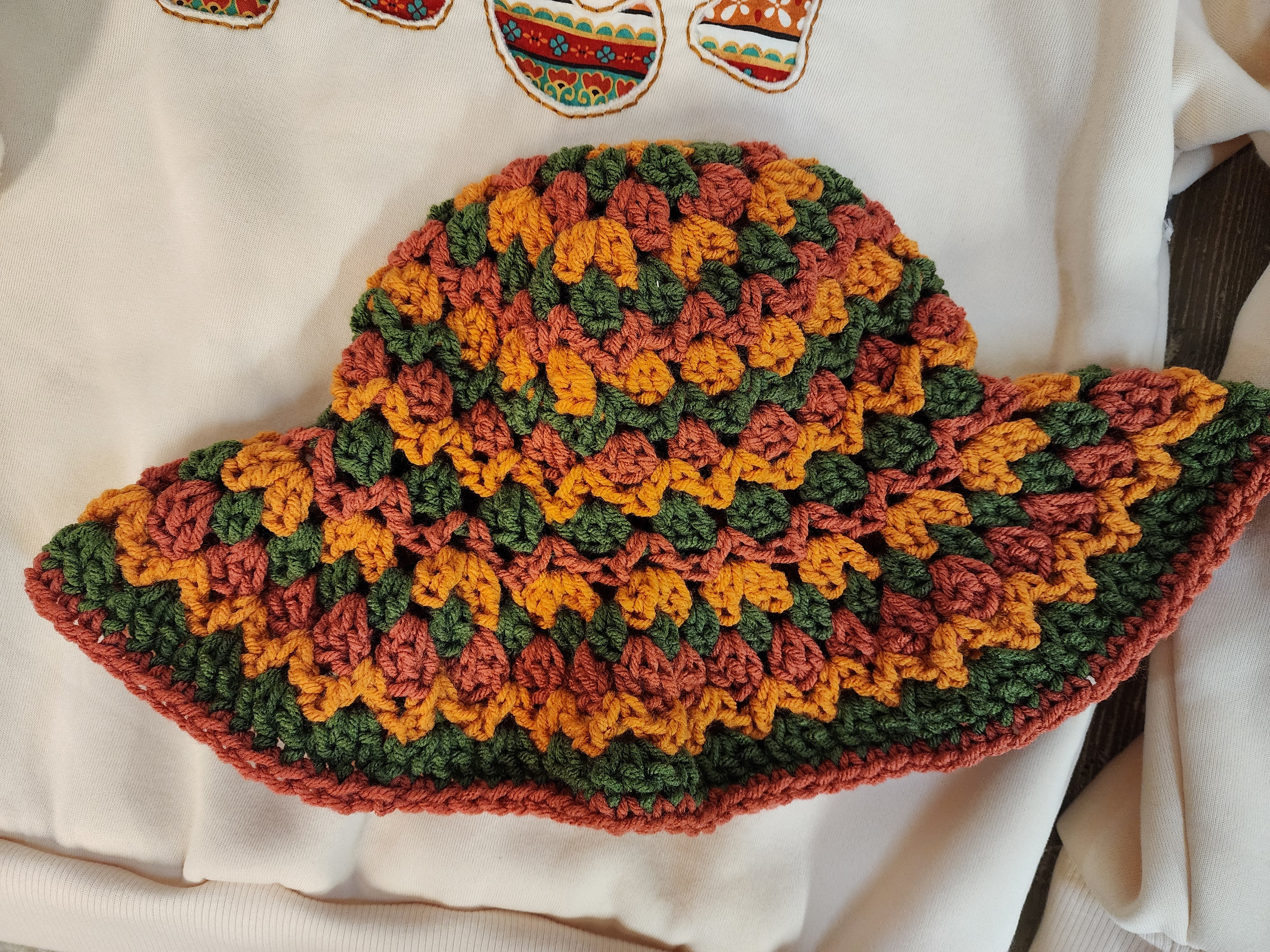 Fall pumpkin spice sweatshirt, cozy hand made embroidery crew, wood slice sunflower ornament, Autumn colors crochet bucket hat, gift set