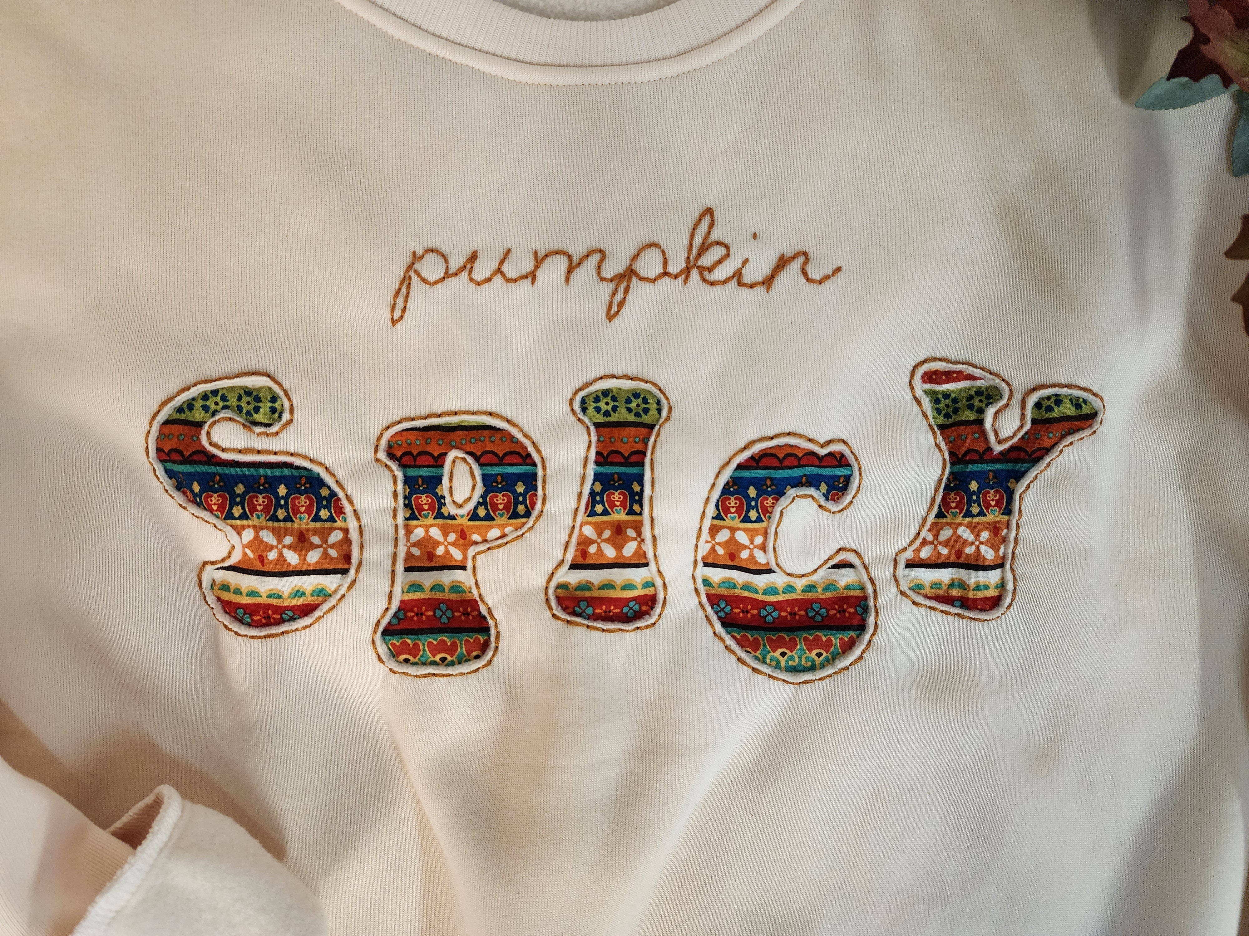 Fall pumpkin spice sweatshirt, cozy hand made embroidery crew, wood slice sunflower ornament, Autumn colors crochet bucket hat, gift set