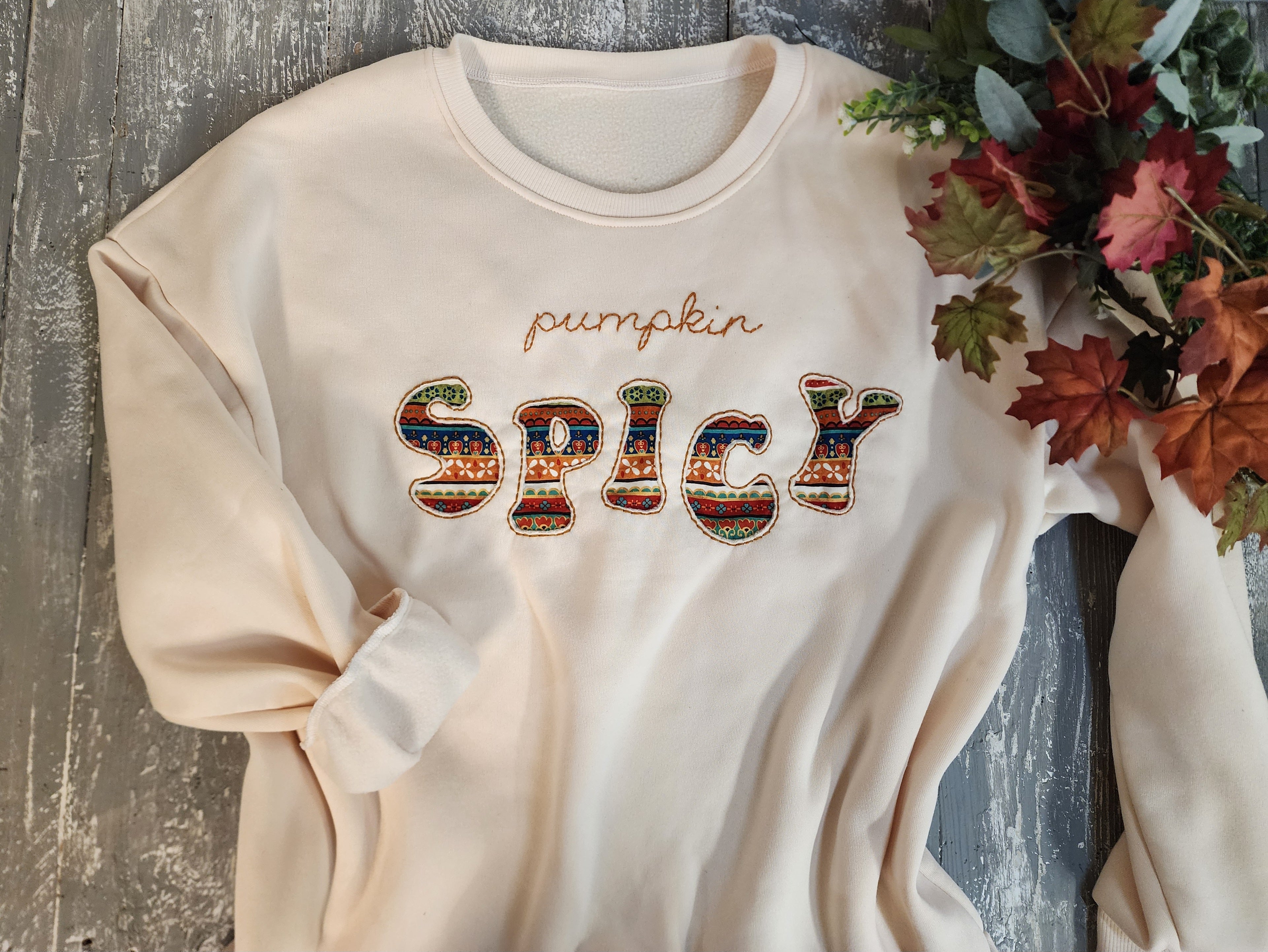 Fall pumpkin spice sweatshirt, cozy hand made embroidery crew, wood slice sunflower ornament, Autumn colors crochet bucket hat, gift set