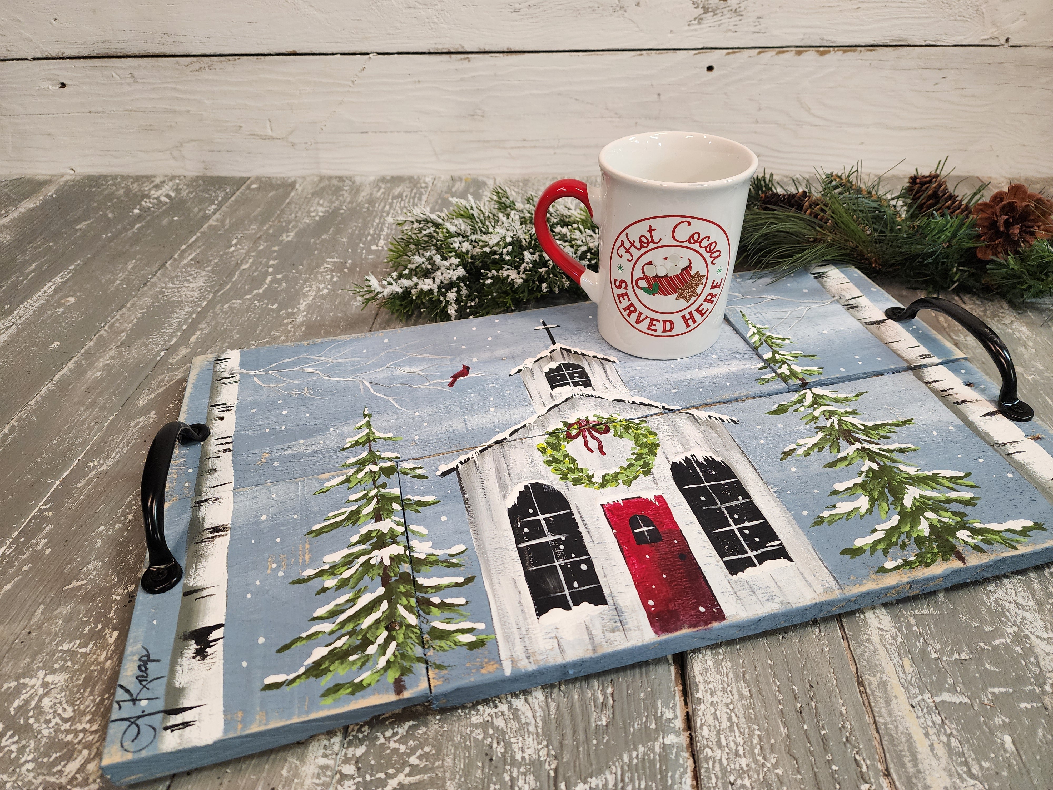 Decorative Christmas serving tray, snowy holiday church with Christmas trees and white birch, Christmas cardinal