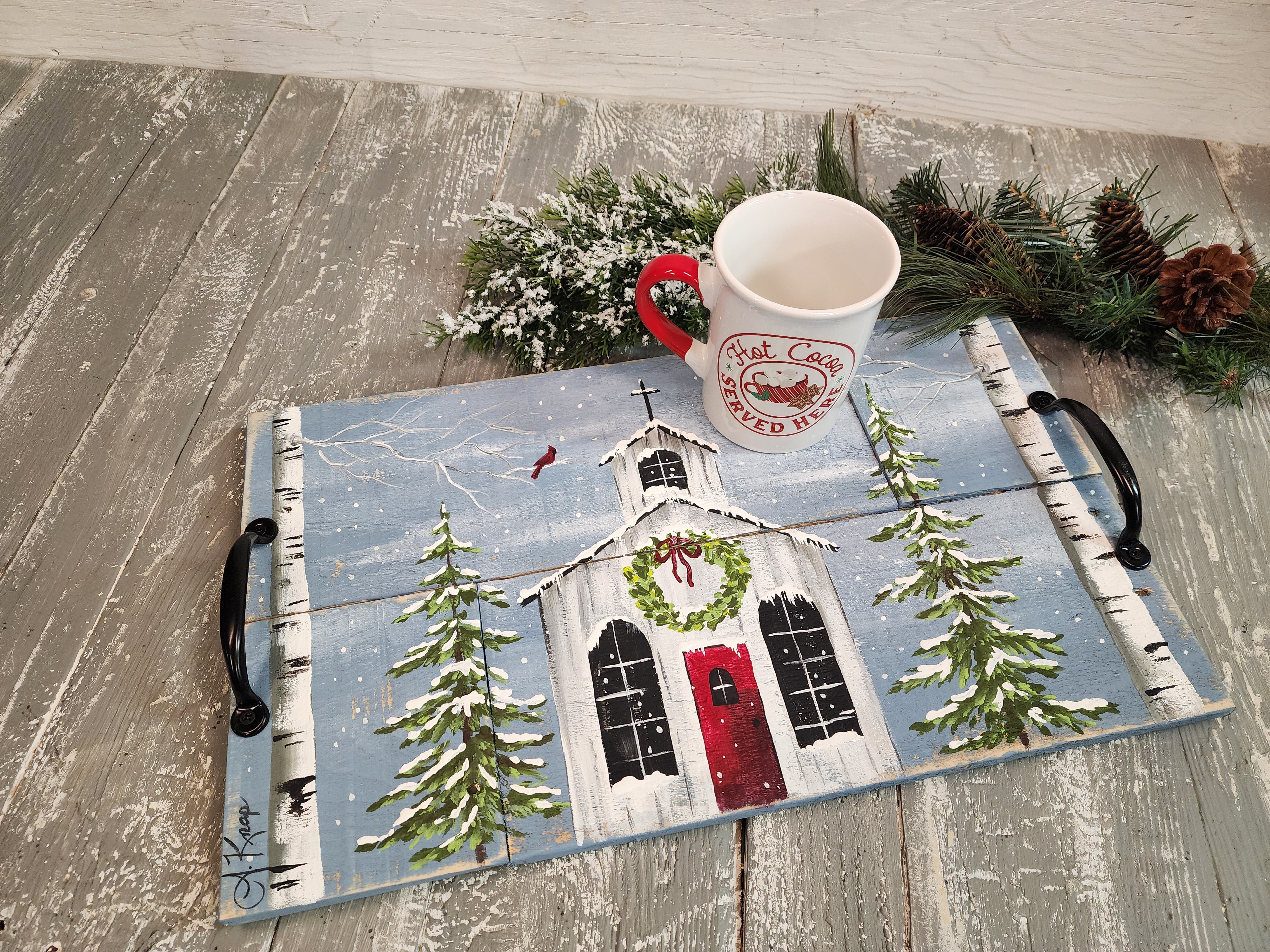 Decorative Christmas serving tray, snowy holiday church with Christmas trees and white birch, Christmas cardinal