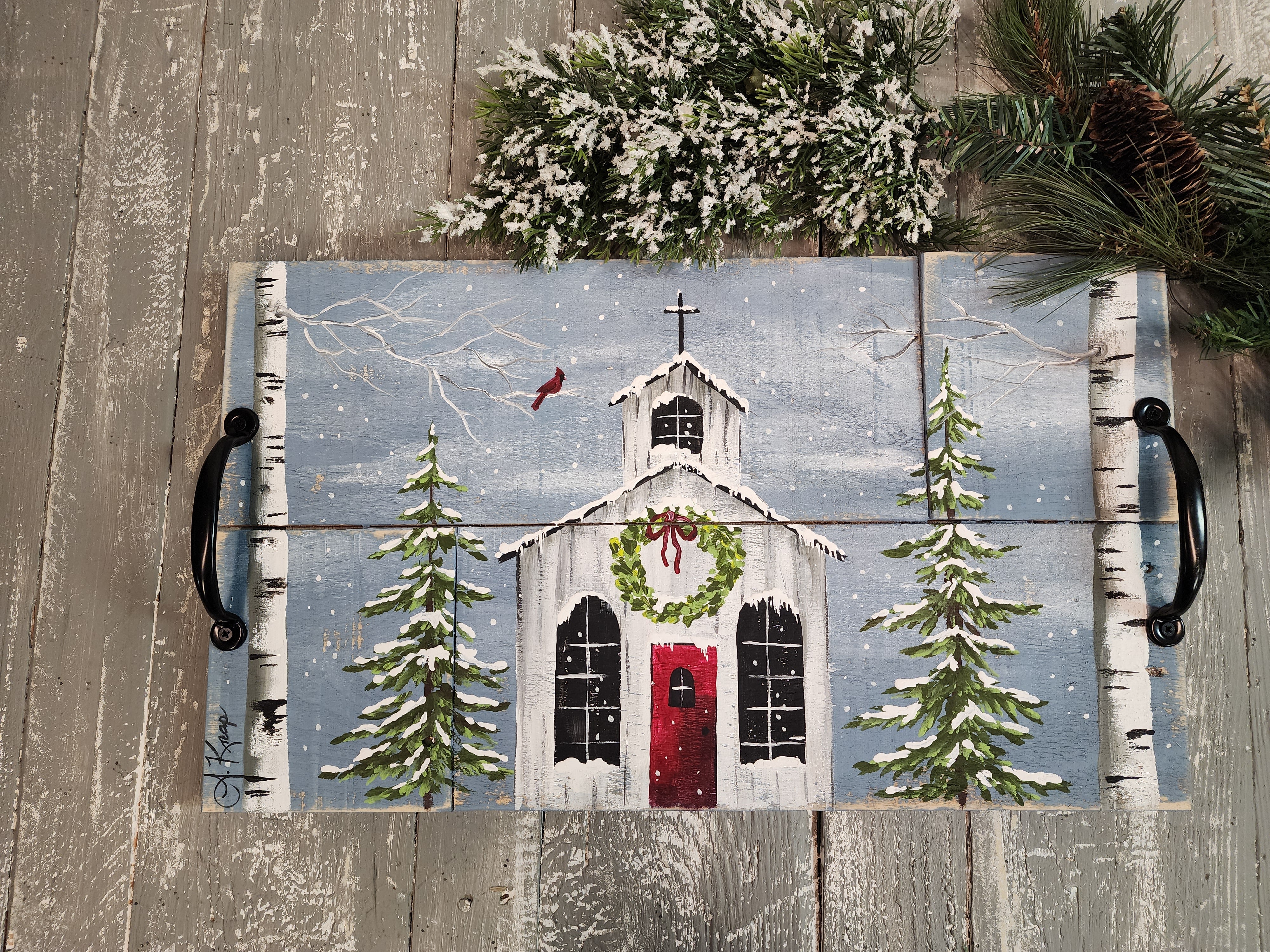 Decorative Christmas serving tray, snowy holiday church with Christmas trees and white birch, Christmas cardinal