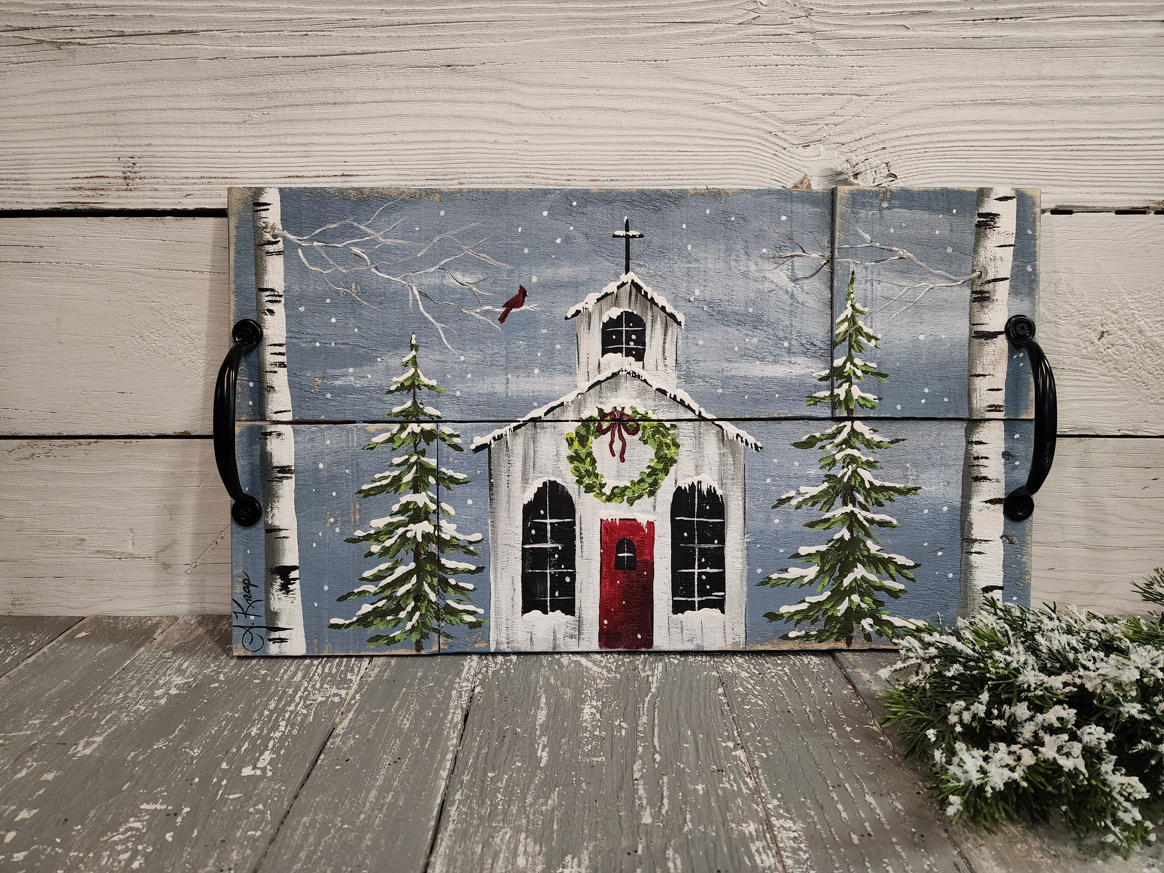 Decorative Christmas serving tray, snowy holiday church with Christmas trees and white birch, Christmas cardinal