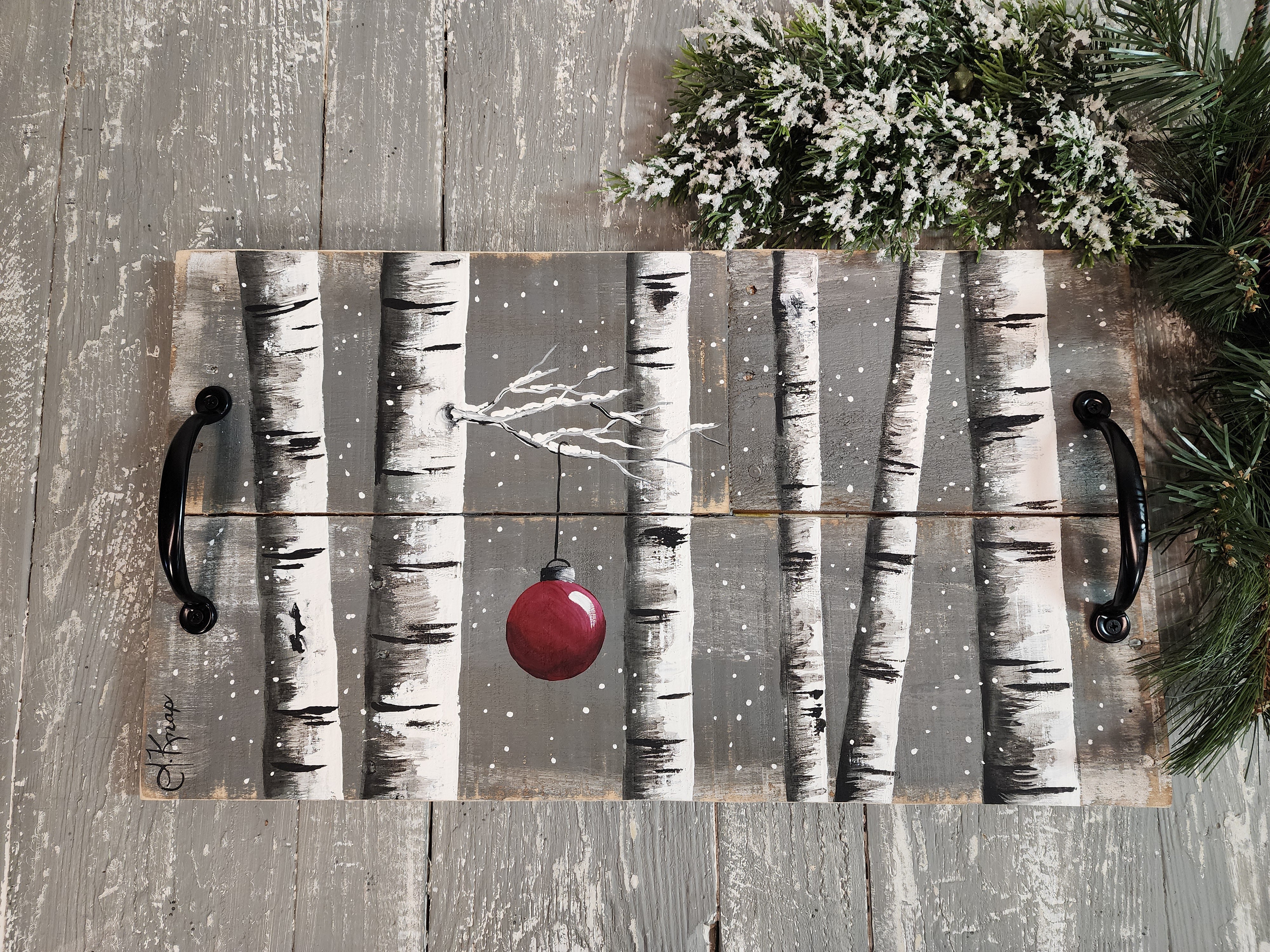 Christmas decorative serving tray, snowy holiday white birch with red Christmas bulb and snowy tree, black handles