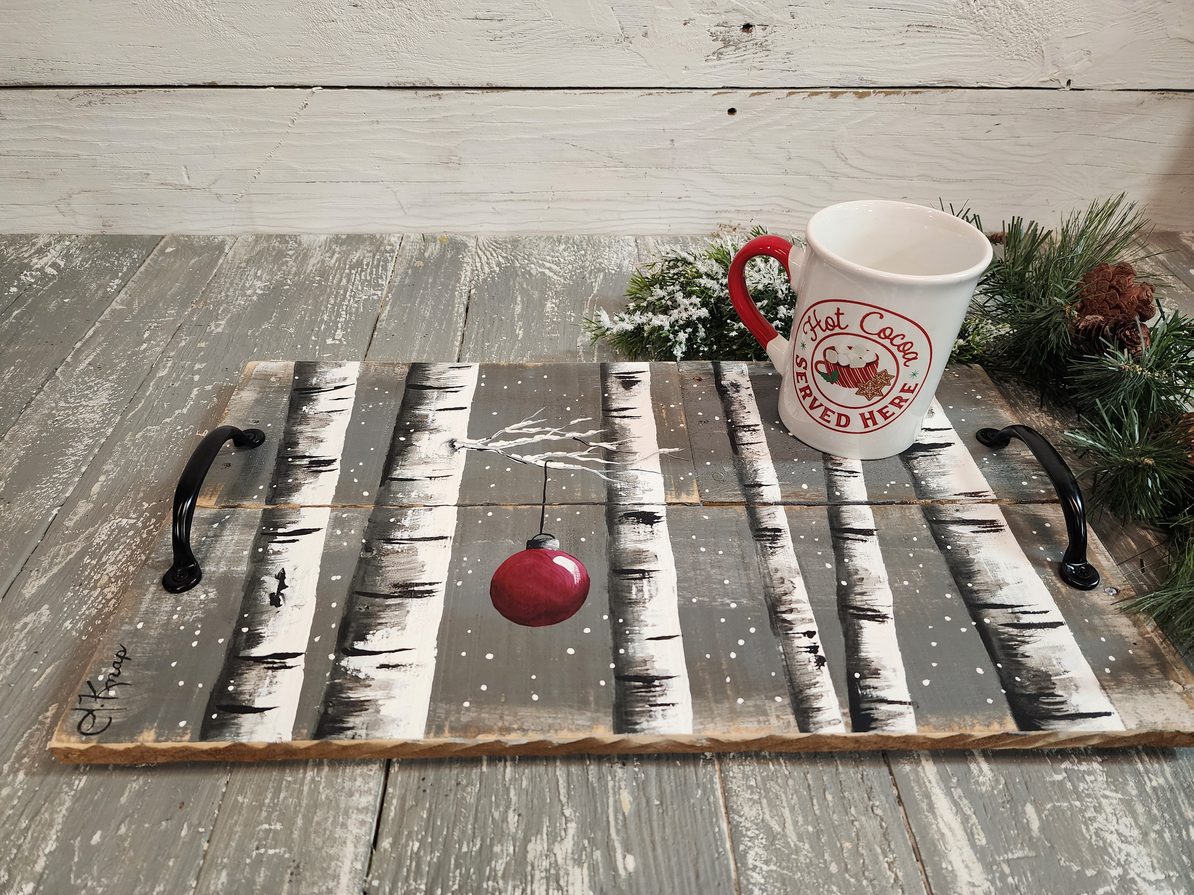 Christmas decorative serving tray, snowy holiday white birch with red Christmas bulb and snowy tree, black handles