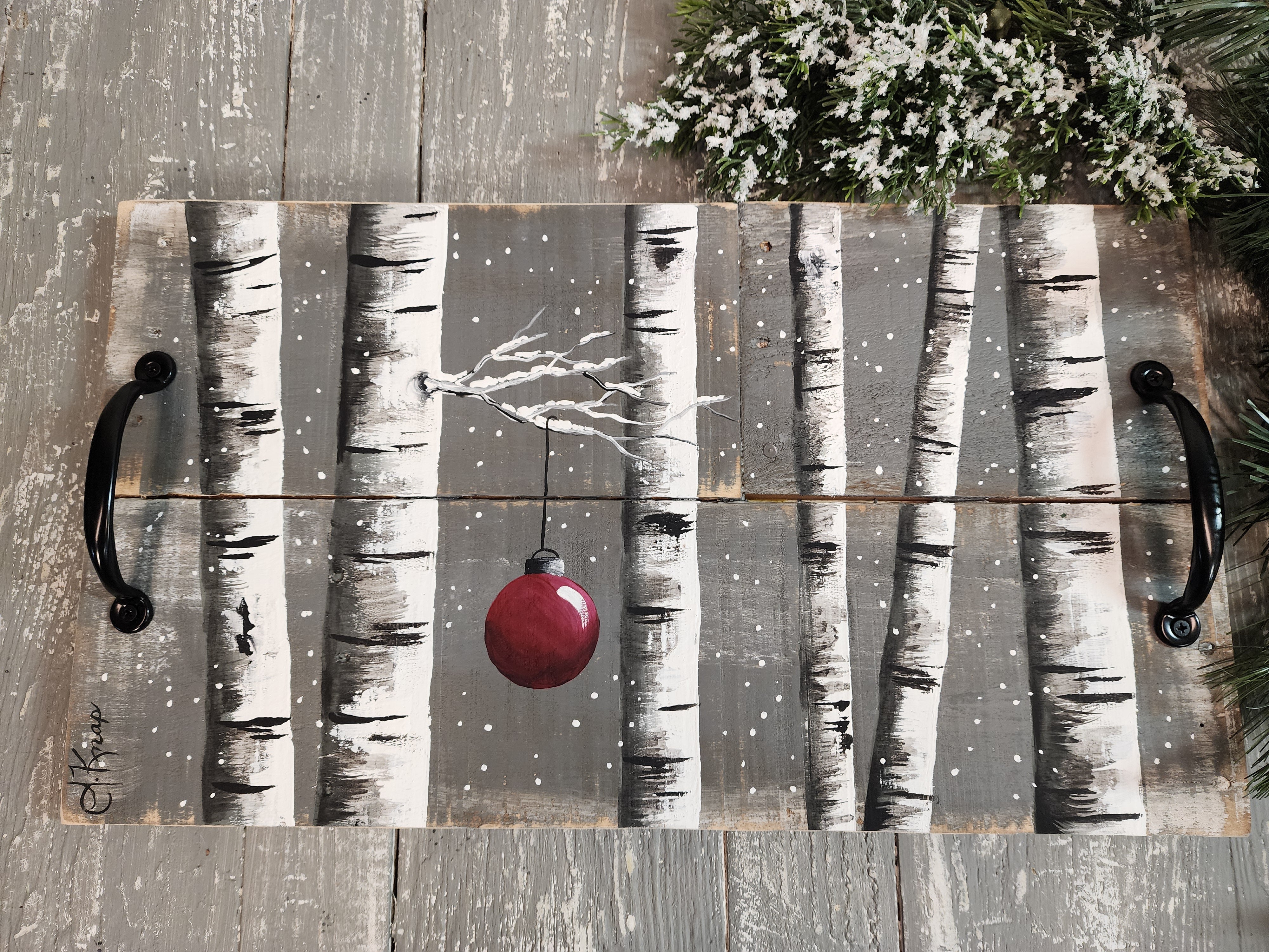 Christmas decorative serving tray, snowy holiday white birch with red Christmas bulb and snowy tree, black handles