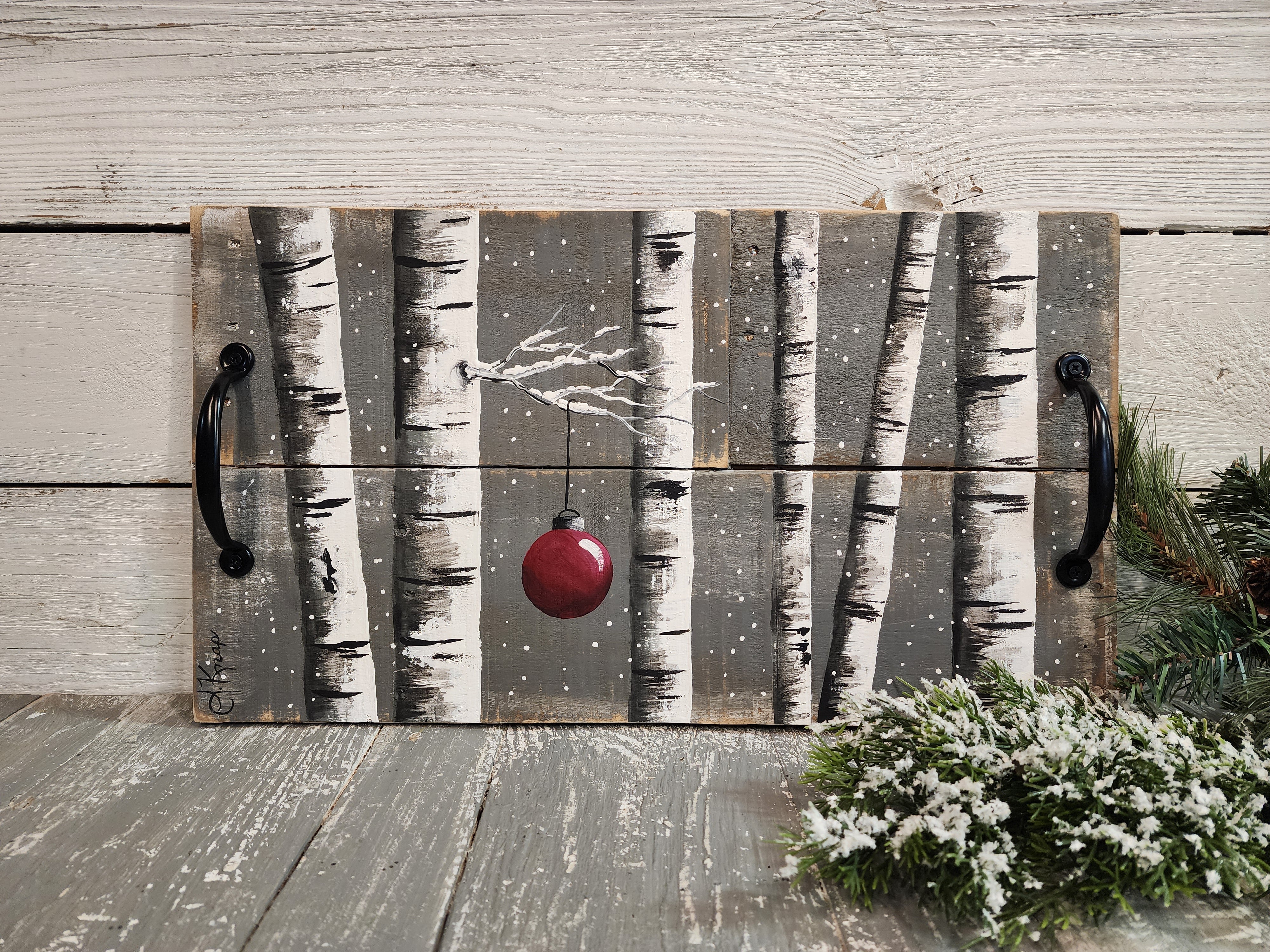 Christmas decorative serving tray, snowy holiday white birch with red Christmas bulb and snowy tree, black handles