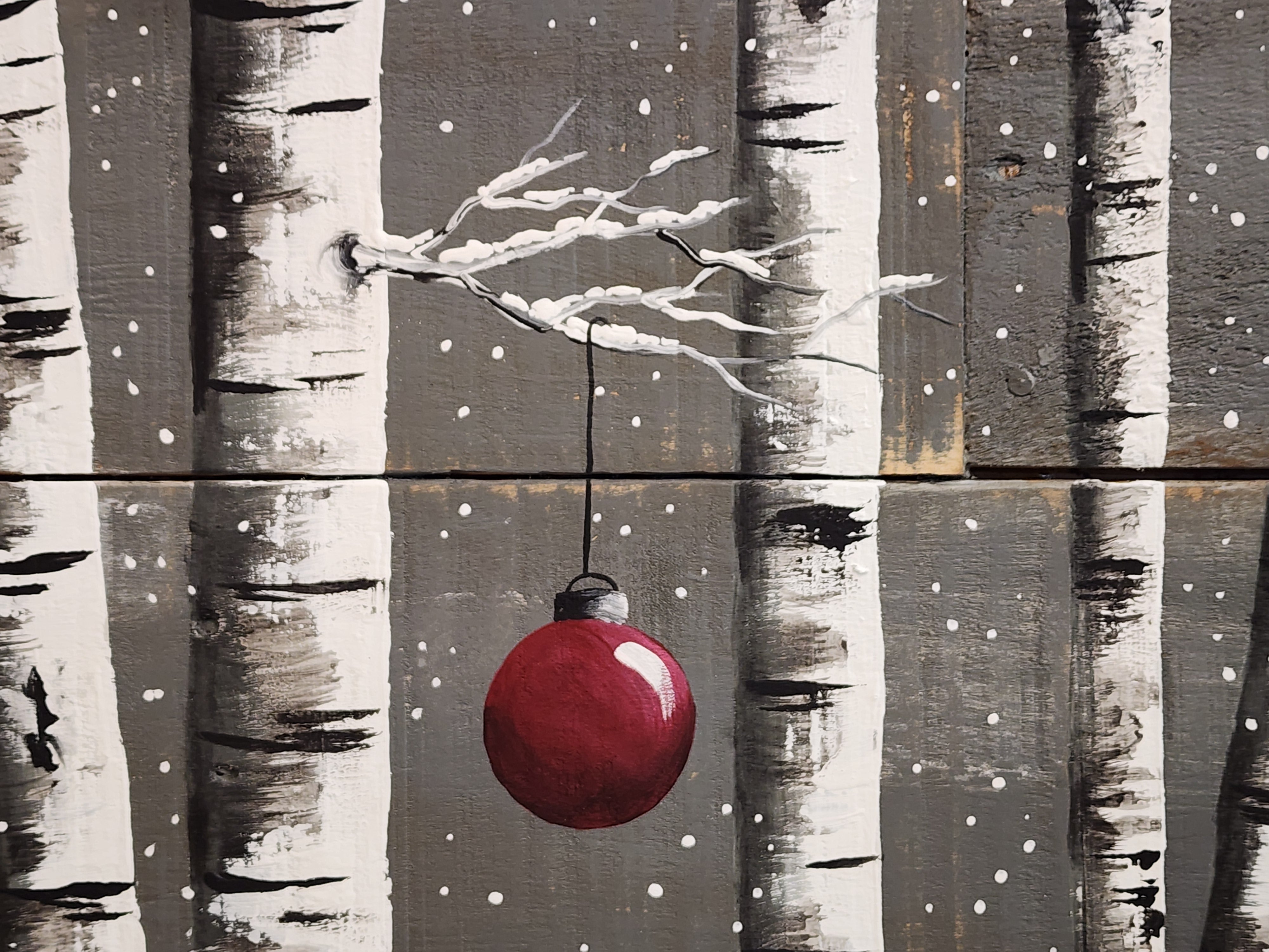 Christmas decorative serving tray, snowy holiday white birch with red Christmas bulb and snowy tree, black handles