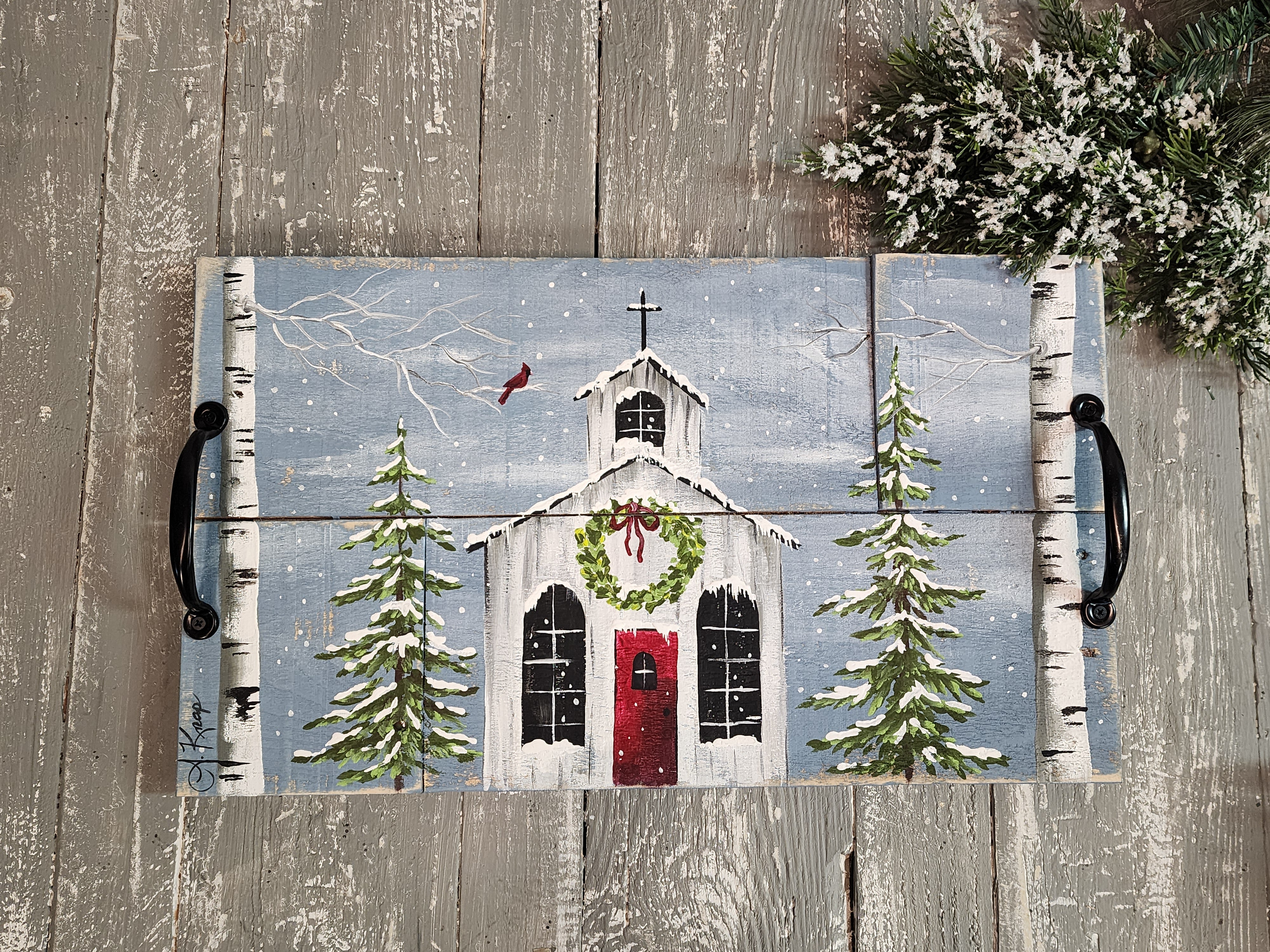 Decorative Christmas serving tray, snowy holiday church with Christmas trees and white birch, Christmas cardinal