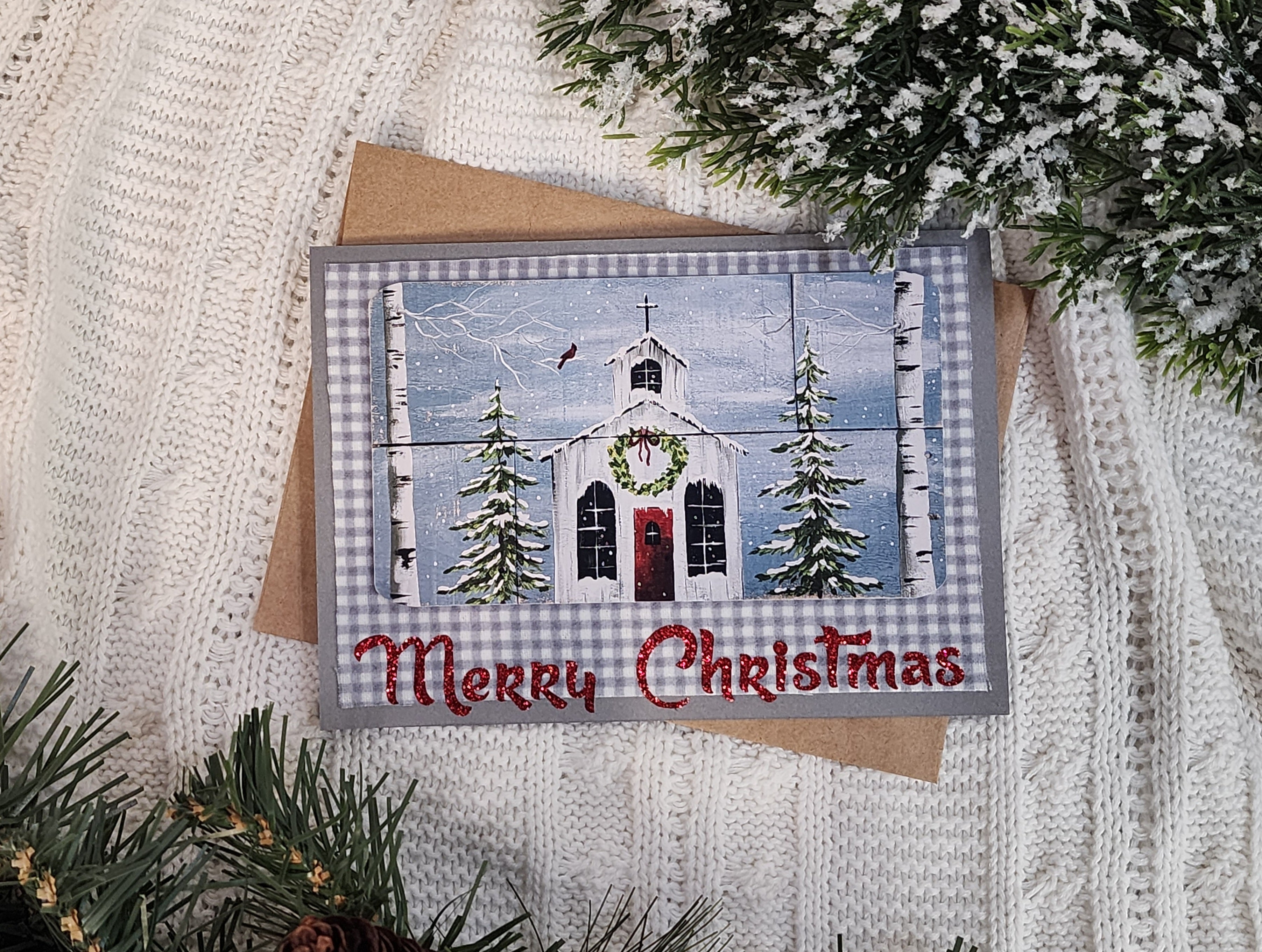 Handmade Christmas cards, painting print of holiday church & red cardinal, gray plaid flannel, red glitter Merry Christmas, set of six (6)