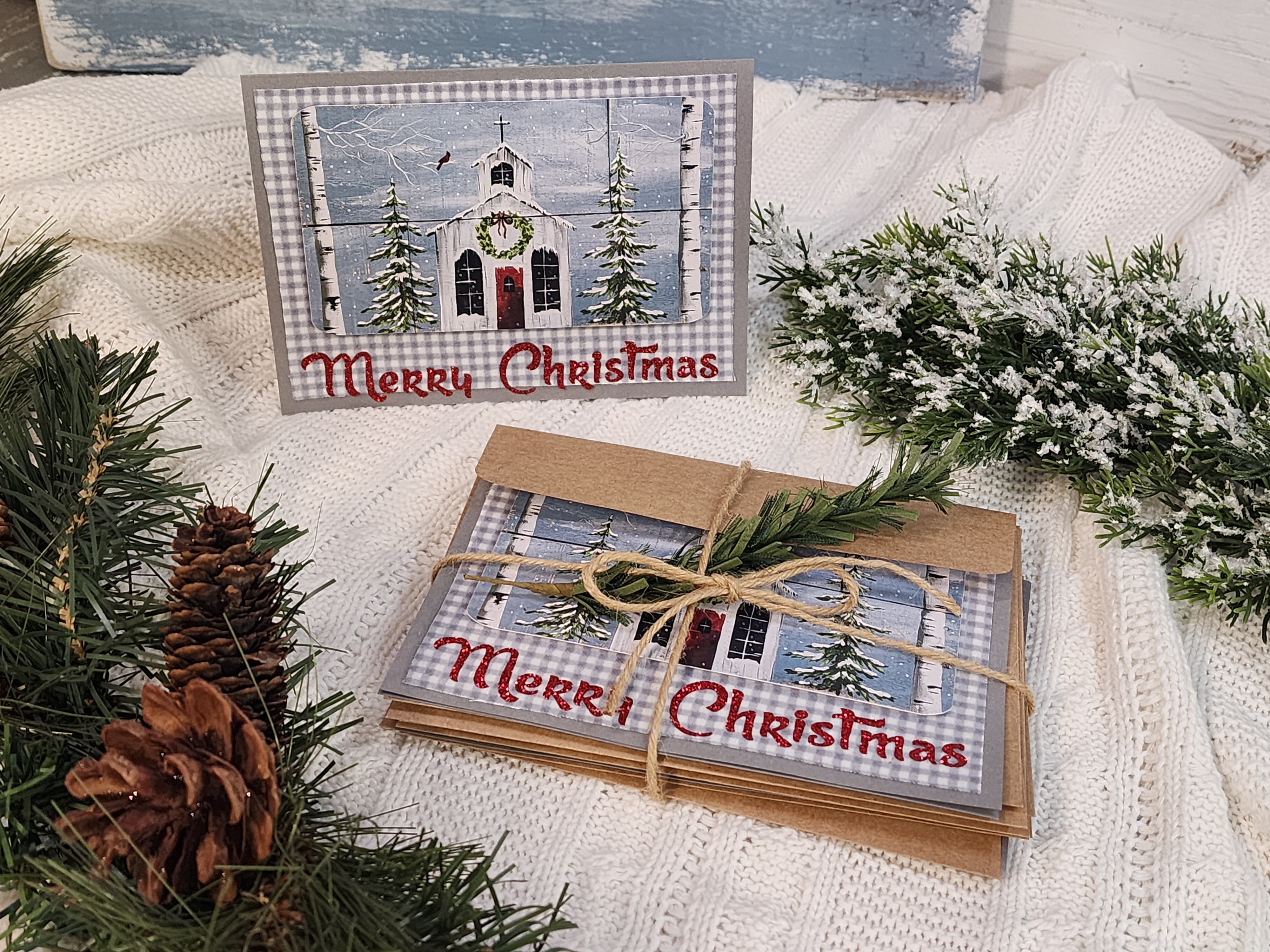 Handmade Christmas cards, painting print of holiday church & red cardinal, gray plaid flannel, red glitter Merry Christmas, set of six (6)
